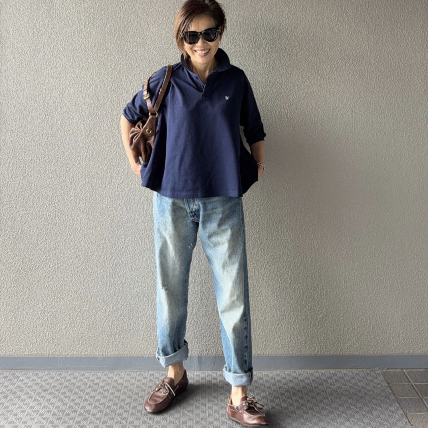 ラソエヌサーティスリー ディグリーズ 鹿の子 イニシャル刺しゅう フレアーシルエット ポロシャツ