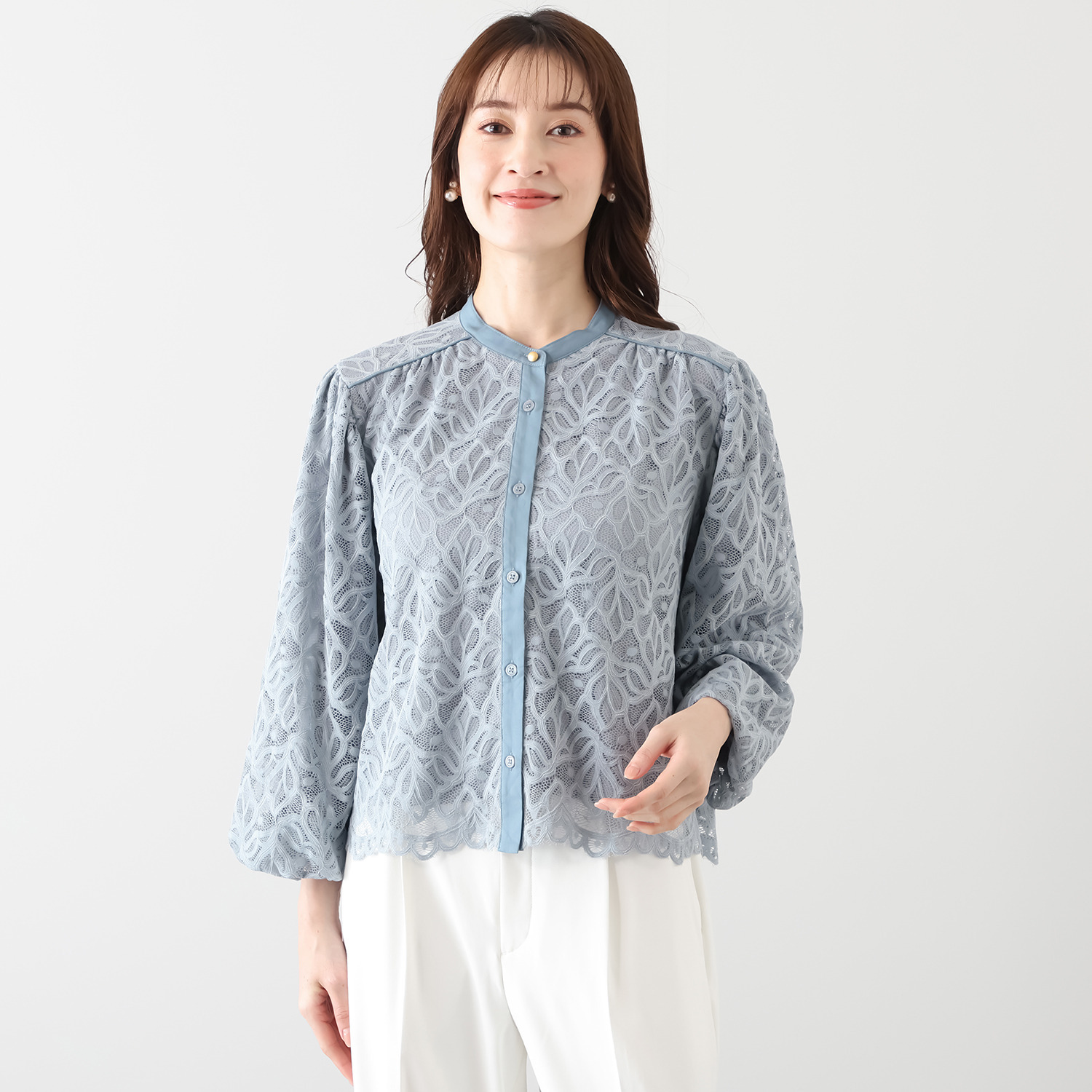 元町ゼラール 華やかラッセルレース ふんわりスリーブ スタンドネックシャツ