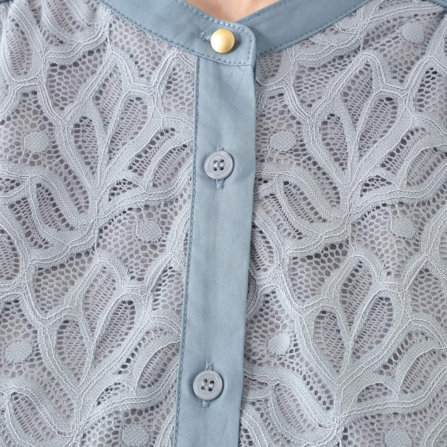 元町ゼラール 華やかラッセルレース ふんわりスリーブ スタンドネックシャツ