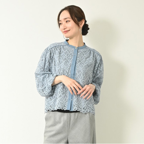 元町ゼラール 華やかラッセルレース ふんわりスリーブ スタンドネックシャツ