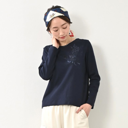 元町ゼラール コットン１００％ フラワー刺しゅう スパンコールアクセント プルオーバー