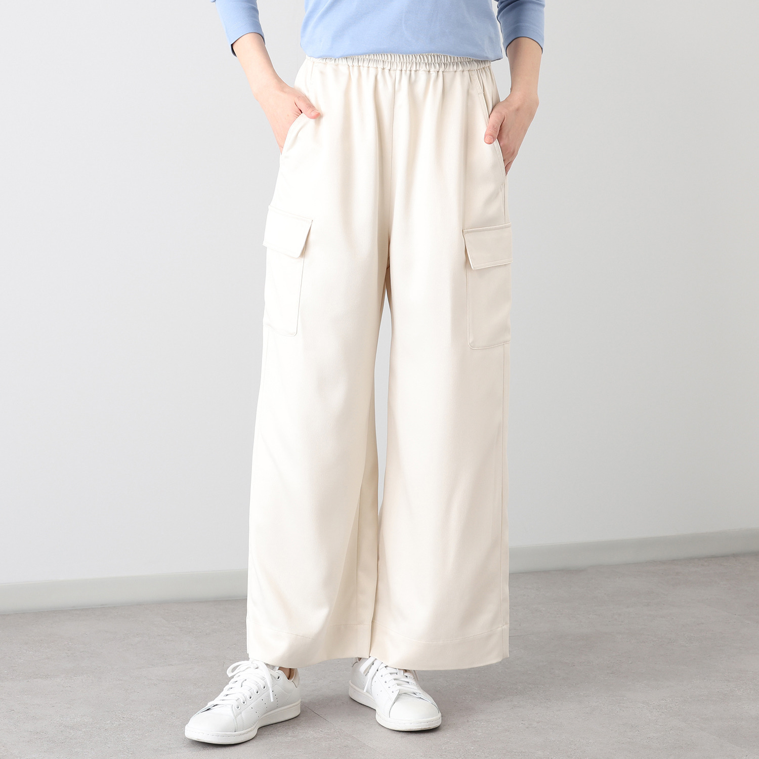 元町ゼラール とろみ＆きれい見えサテン カーゴデザイン 上品ストレートパンツ