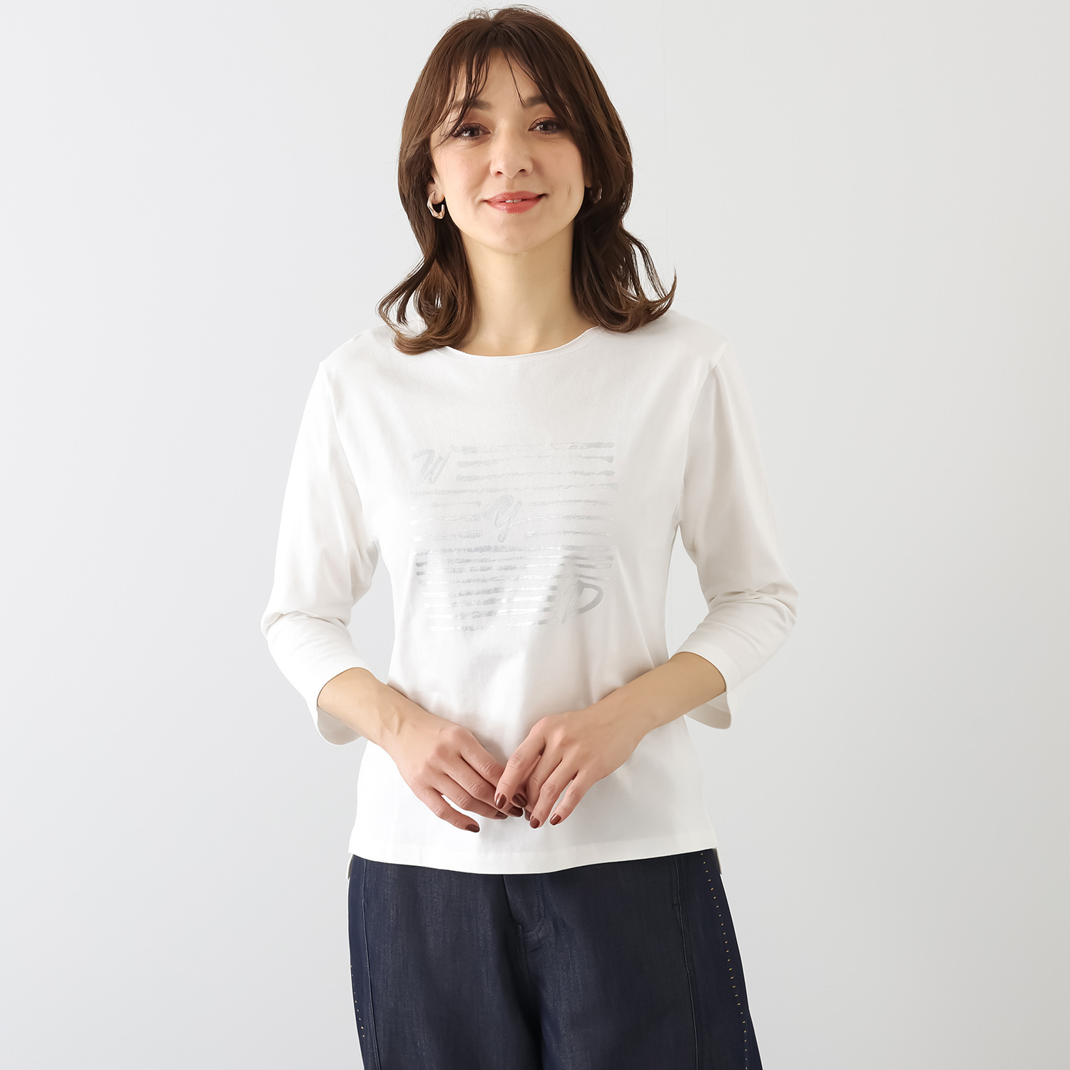 ウノ・ウノ・ドゥーエ 七分袖 箔プリント ロゴＴシャツ