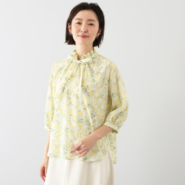 イフェメル／ ダブルフェーストーキョー 日本製 ボタニカル柄 フリルネック ボウタイブラウス