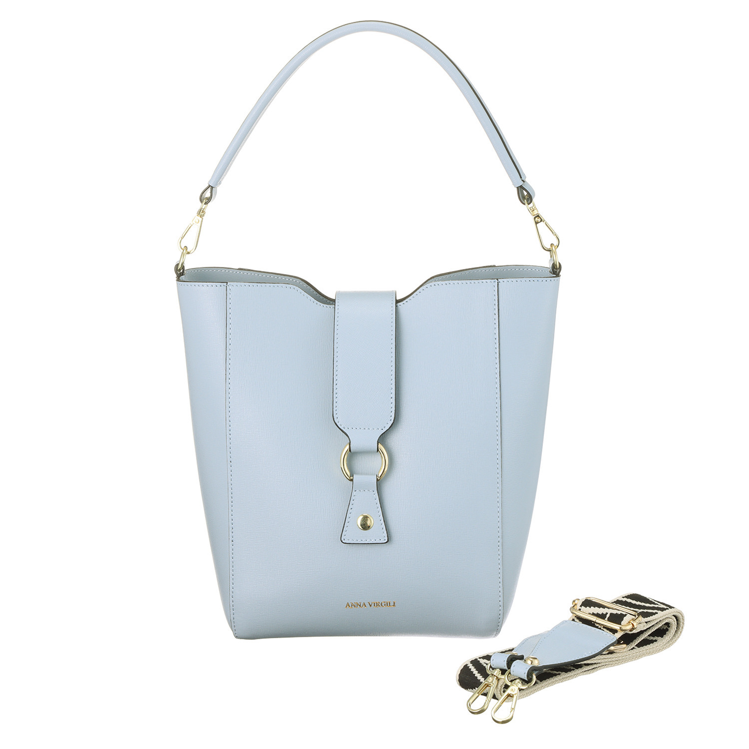 アンナヴィルジリ イタリア製 サフィアーノカーフレザー ロゴストラップ付 バケットバッグ “ヴァニア”