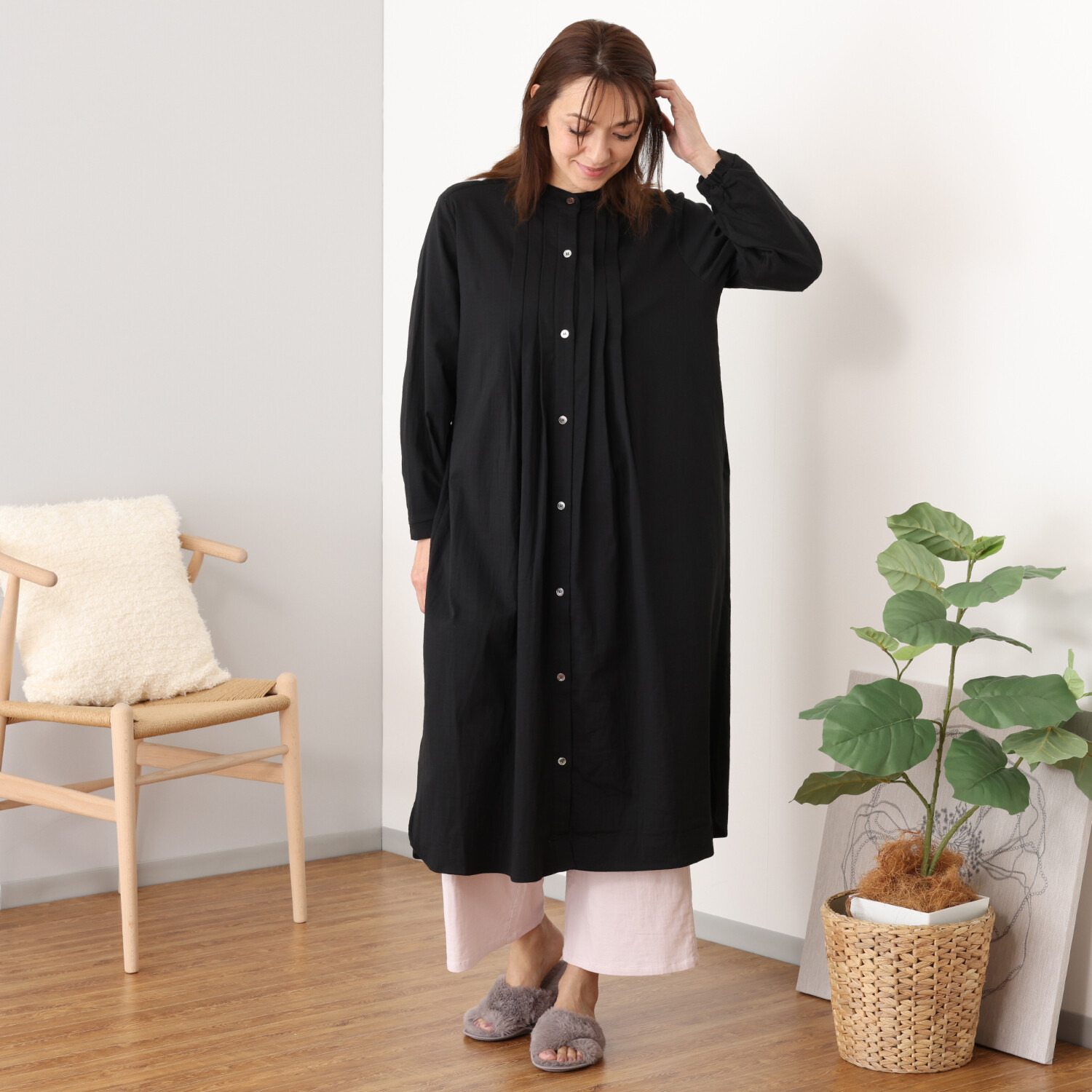 ヘ・エラ コットンブレンド ストレッチダブルガーゼ タックワンピース