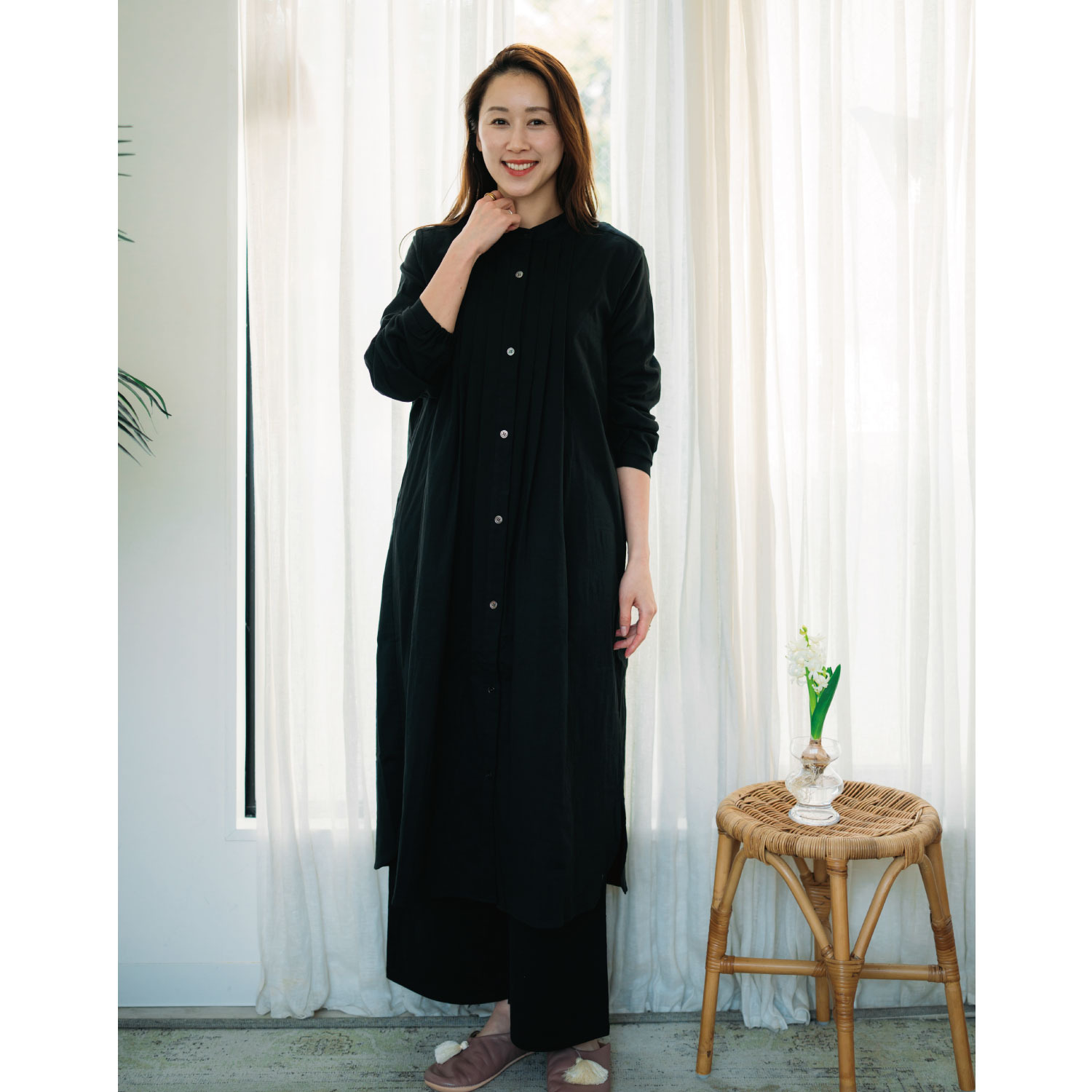 ヘ・エラ コットンブレンド ストレッチダブルガーゼ タックワンピース