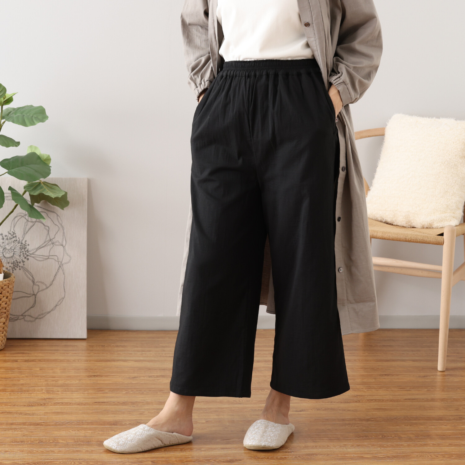 ヘ・エラ コットンブレンド ストレッチダブルガーゼ パンツ