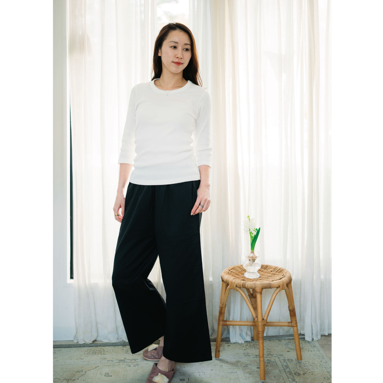 ヘ・エラ コットンブレンド ストレッチダブルガーゼ パンツ