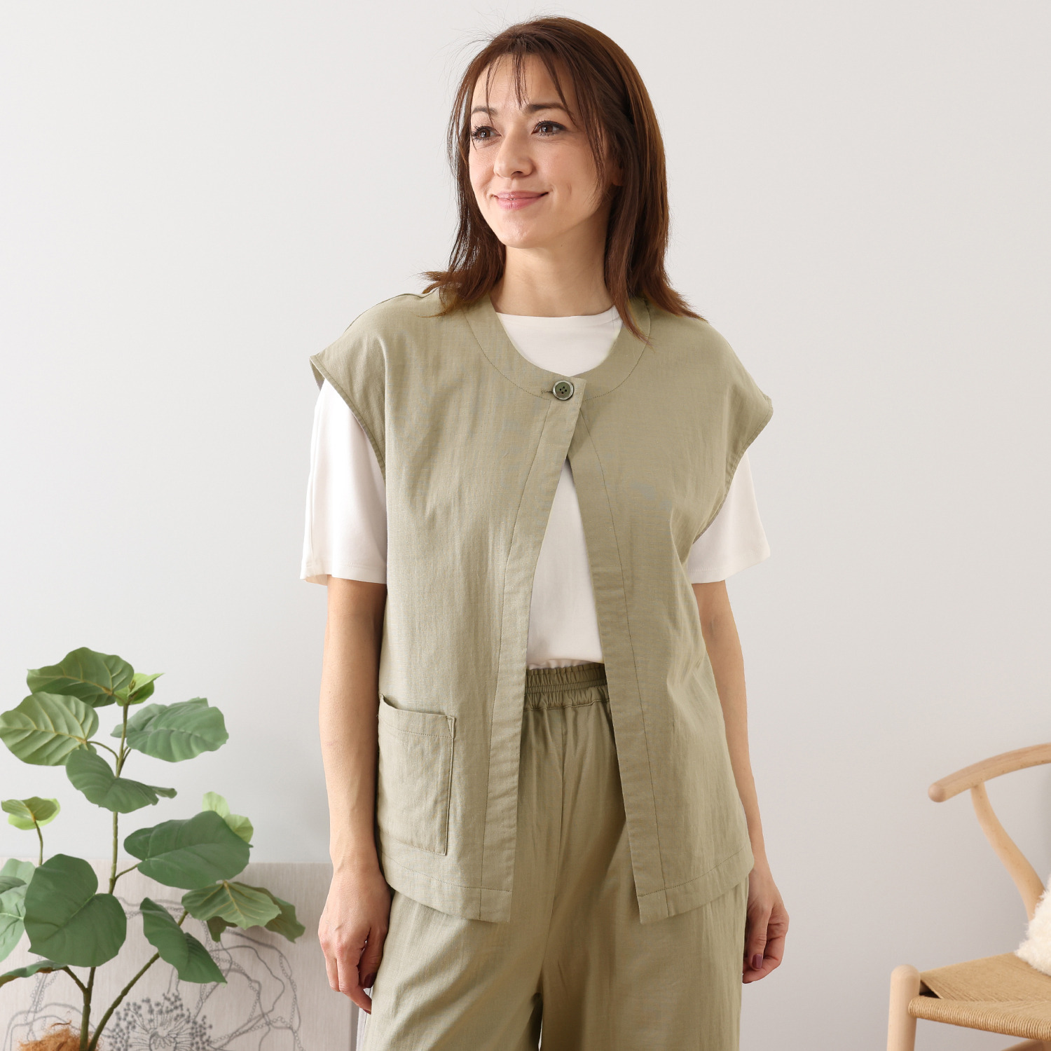 ヘ・エラ コットンブレンド ストレッチダブルガーゼ ジレ