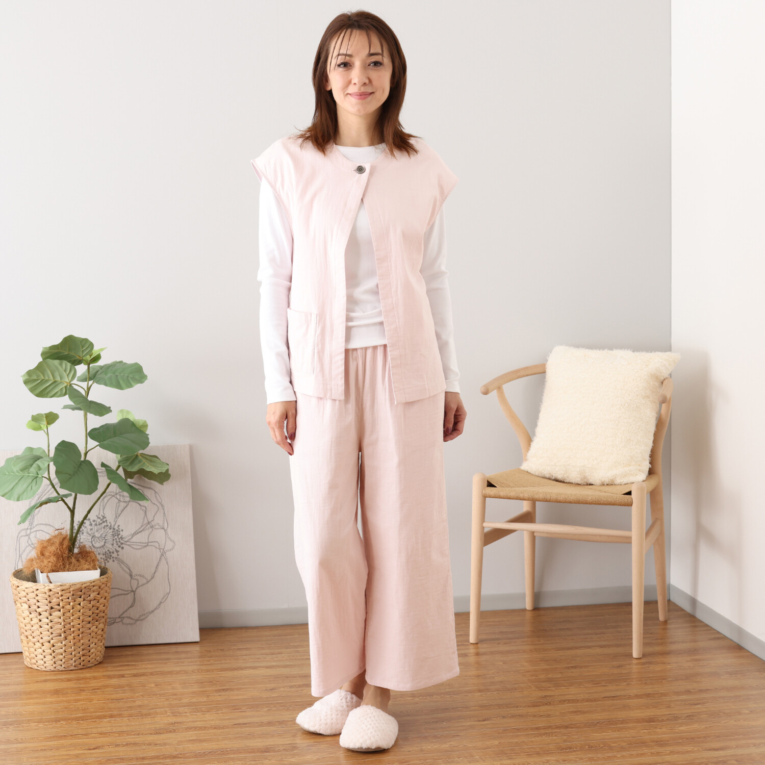 ヘ・エラ コットンブレンド ストレッチダブルガーゼ ジレ