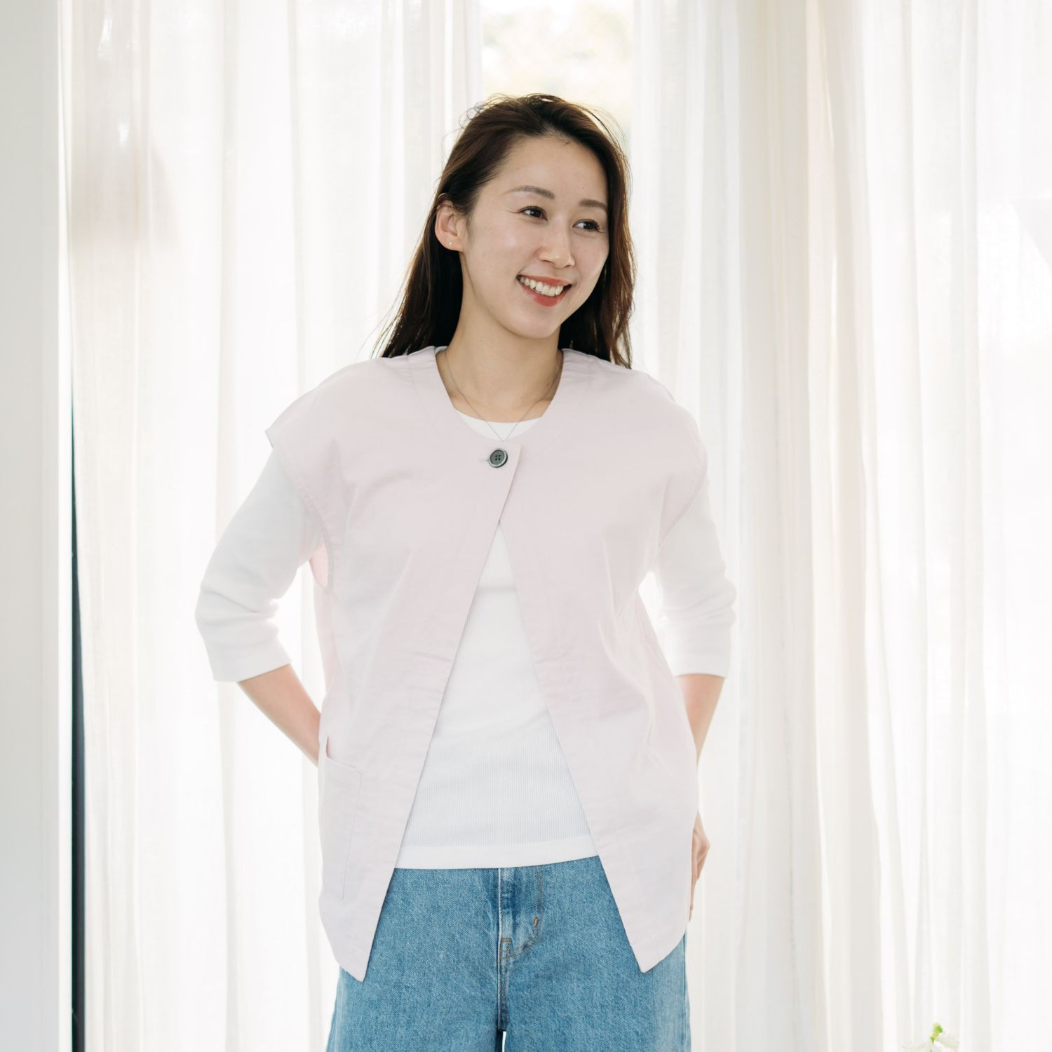 ヘ・エラ コットンブレンド ストレッチダブルガーゼ ジレ