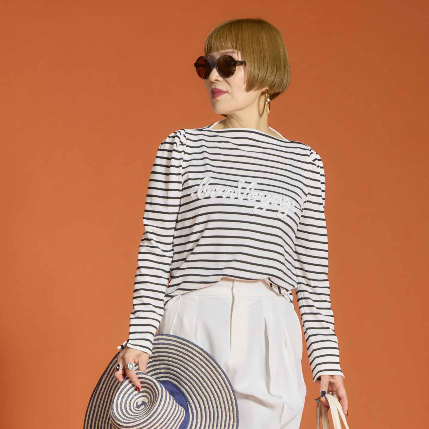 ボン・ブリコラージュ バイ　レイコ・ホウセンジ マリン調の エレガントカジュアルに！ コード刺しゅうもかわいい ボートネックプルオーバー