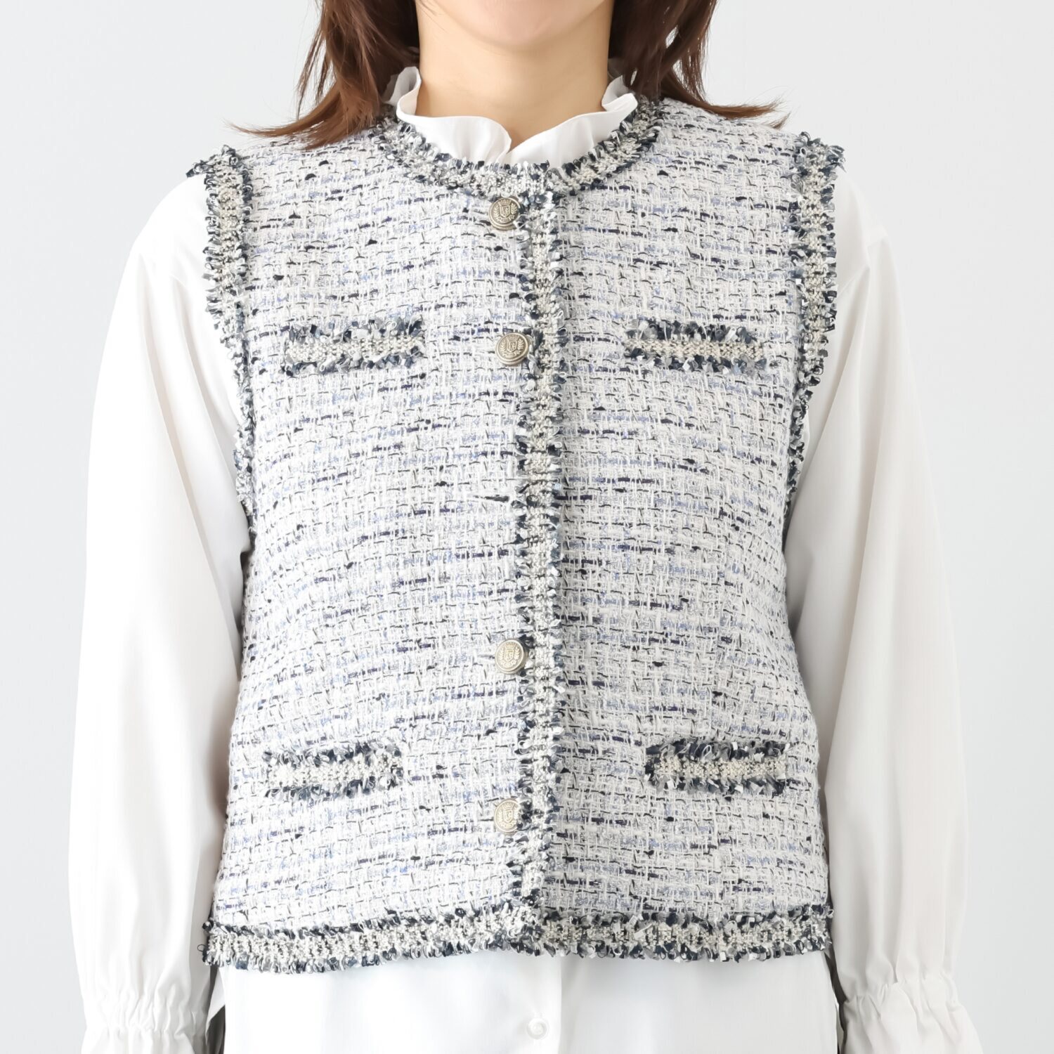 ボン・ブリコラージュ バイ　レイコ・ホウセンジ エレガントにも カジュアルにも合う ファンシーツイード ショートジレ