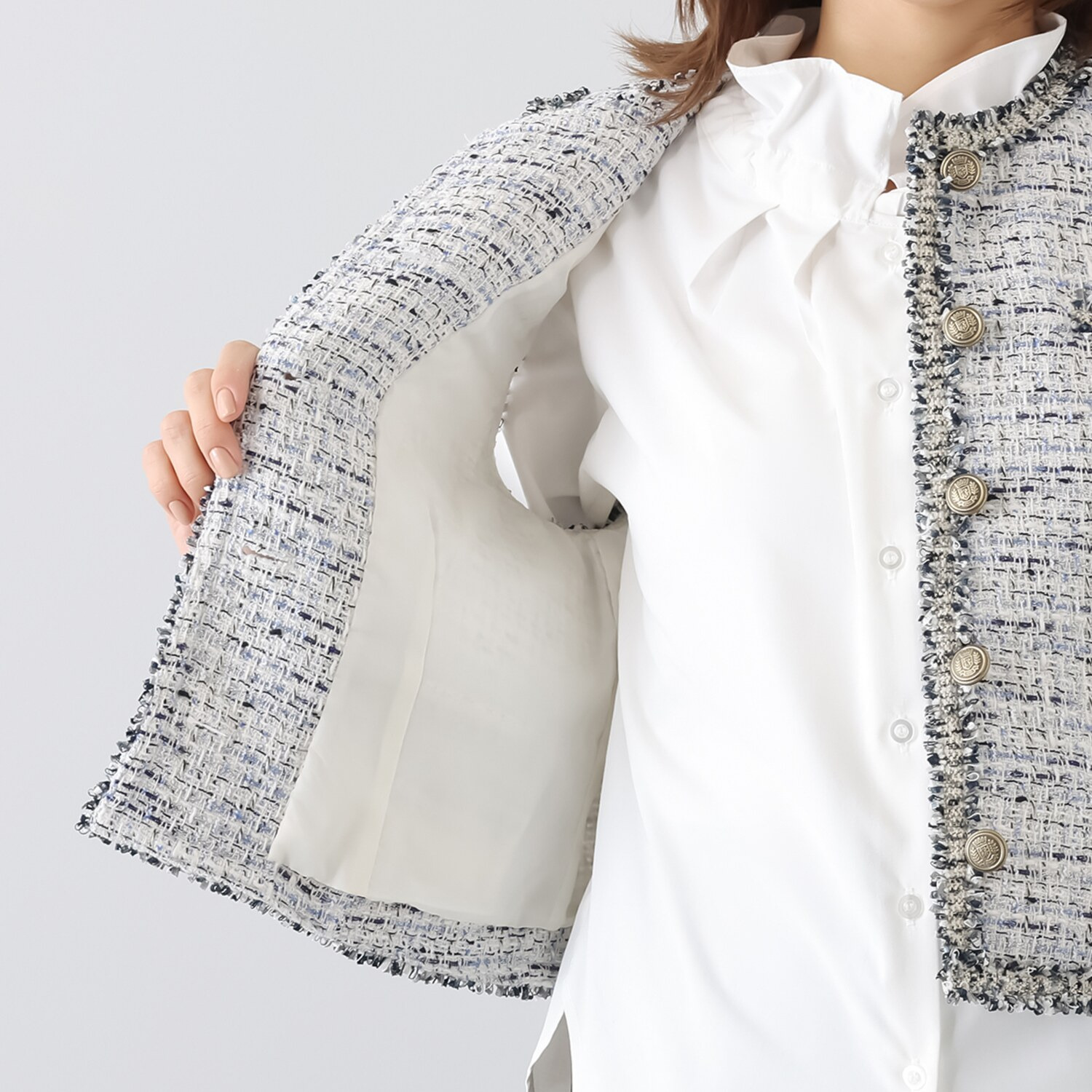 ボン・ブリコラージュ バイ　レイコ・ホウセンジ エレガントにも カジュアルにも合う ファンシーツイード ショートジレ