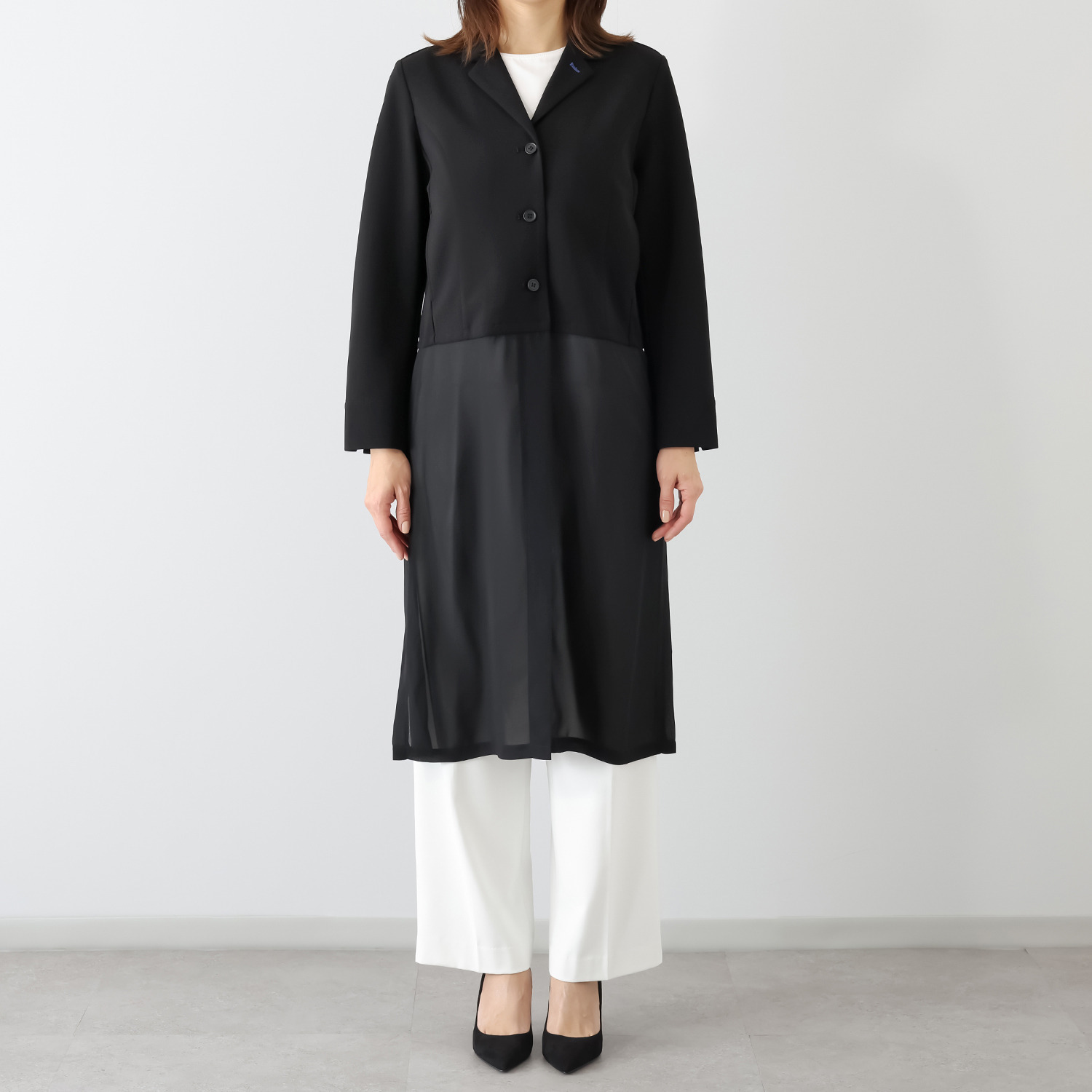 ミニマライズプラス 春らしい軽やかさ トレンドを取り入れた 大人スタイリッシュな 異素材使いの ロングコート