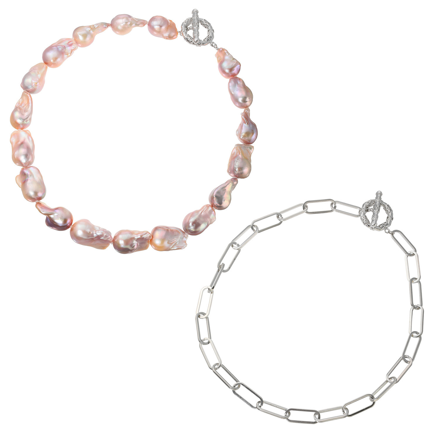 大粒淡水バロックパール＆ ステンレスチェーン ネックレス２本セット