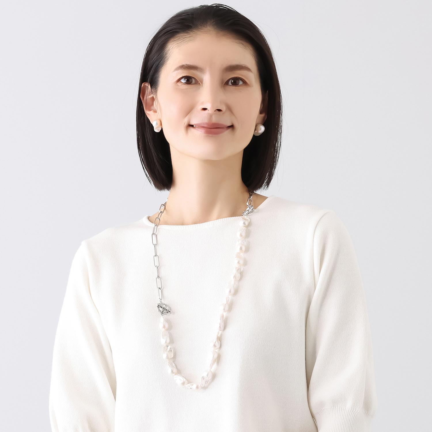 大粒淡水バロックパール＆ ステンレスチェーン ネックレス２本セット