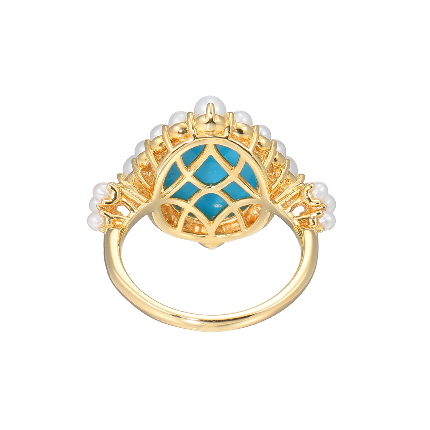 スリーピングビューティー １８Ｋ ターコイズ＆ 淡水パール オーバルカボション デザインリング