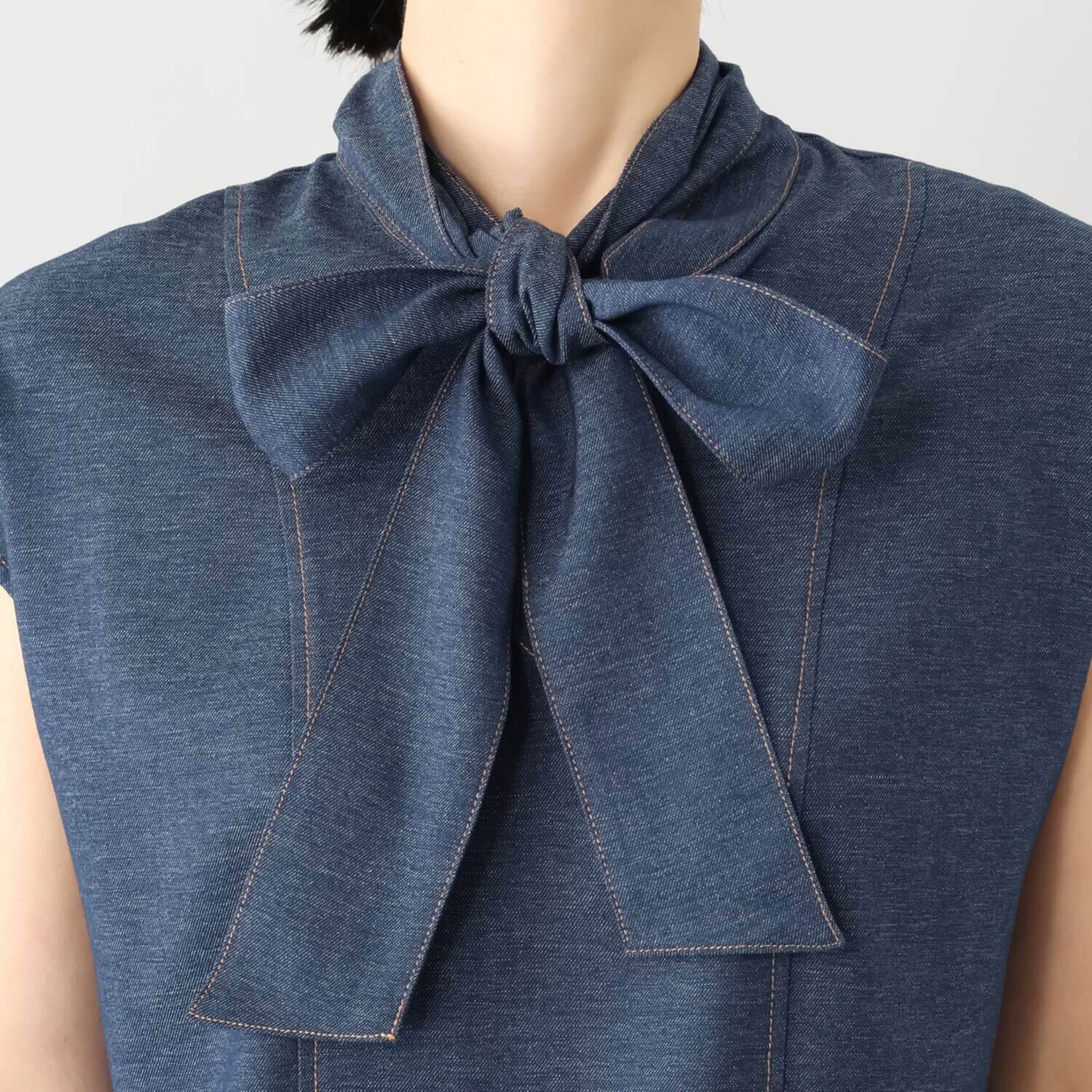 ブルーコレクション ボウタイで印象チェンジ デニム調 プルオーバーブラウス