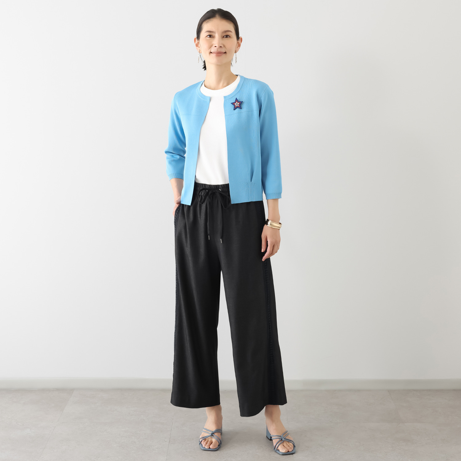 ブルーコレクション ラインレースで スッキリ見え デニム調ワイドパンツ