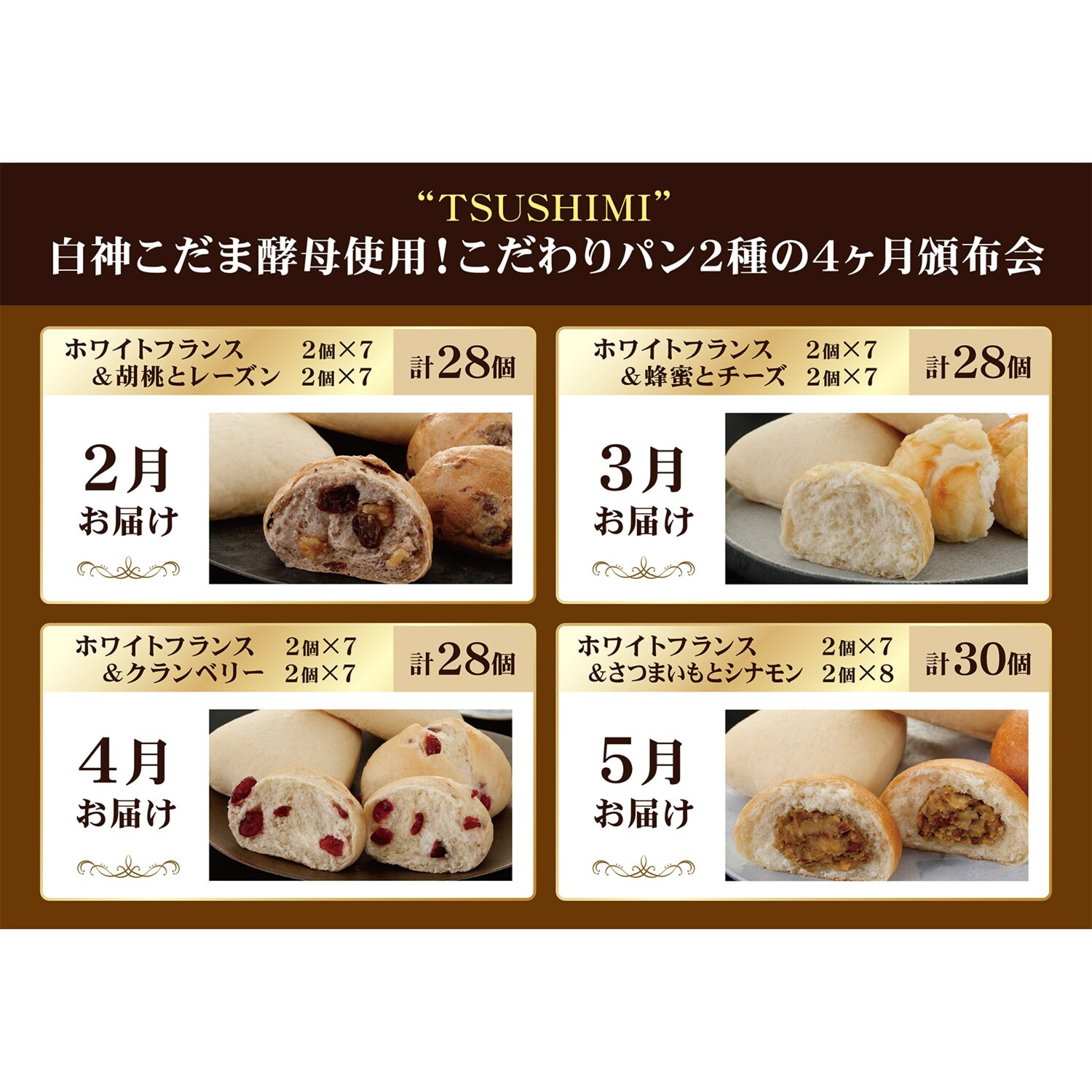 “ＴＳＵＳＨＩＭＩ” 白神こだま酵母使用！ こだわりパン２種 ４ヶ月頒布会