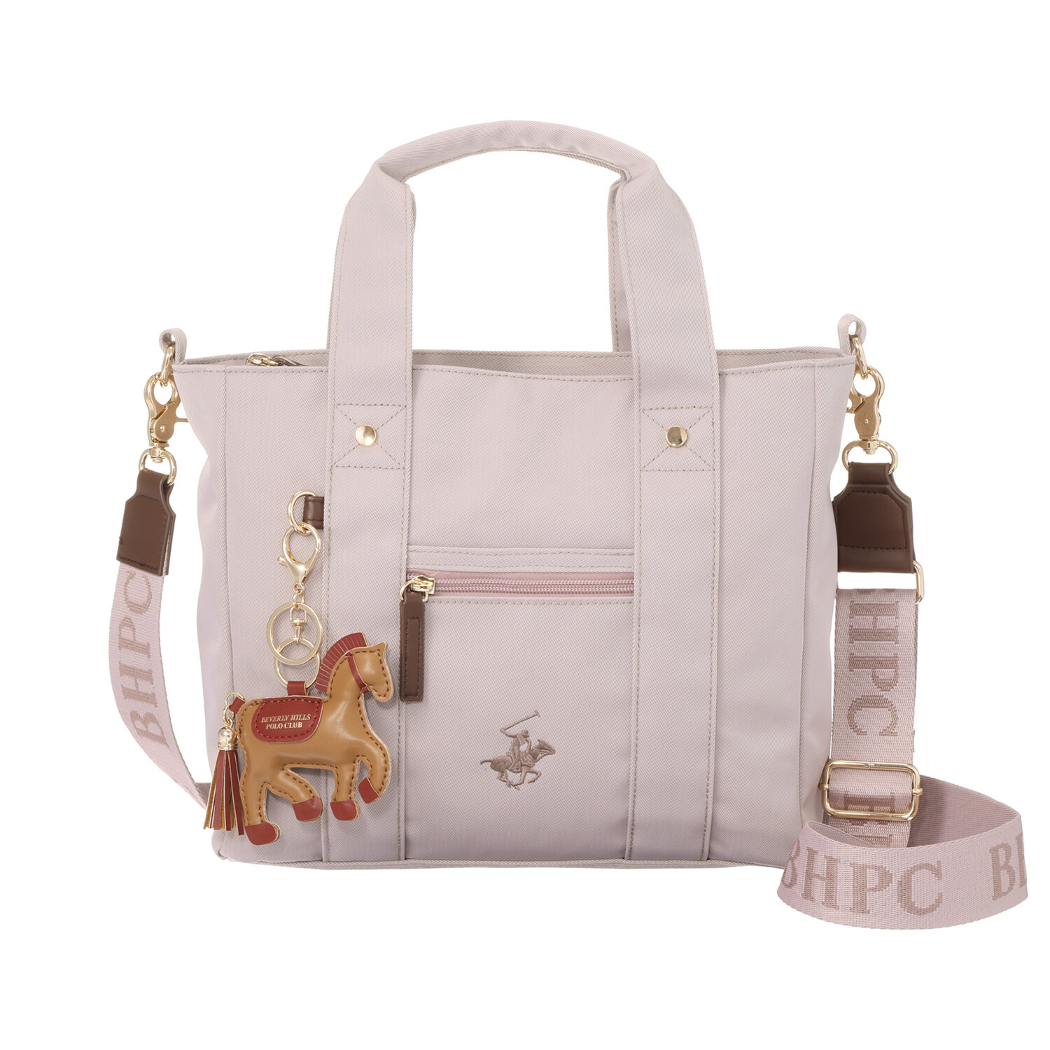 ビバリーヒルズ ポロクラブ ホースチャーム付 軽量なのに多収納 たっぷり１０ポケット ２ウェイトートバッグ