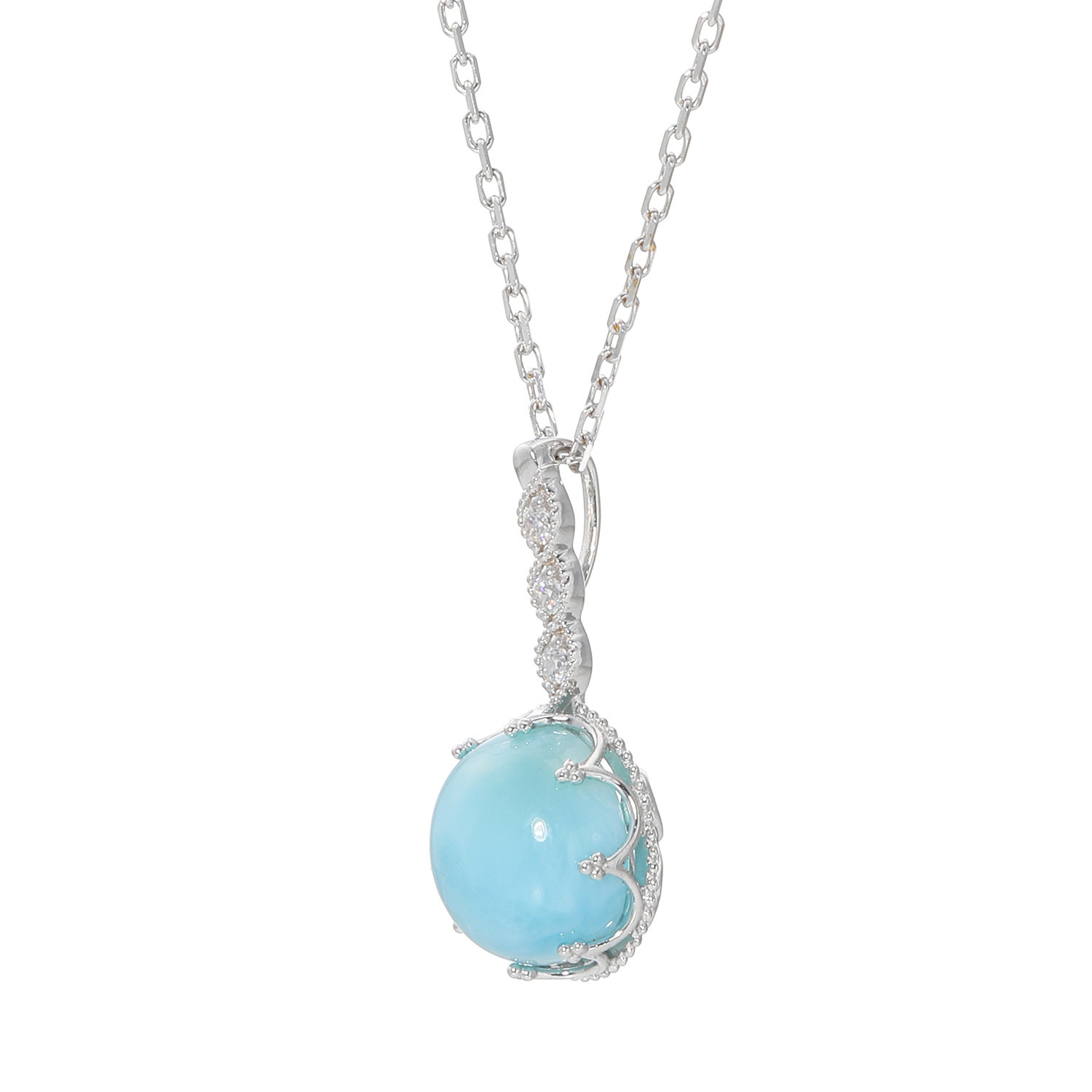 プロピアーナ シルバー ラリマール＆ＣＺ ミルククラウン ミル打ち風デザイン ロングペンダント