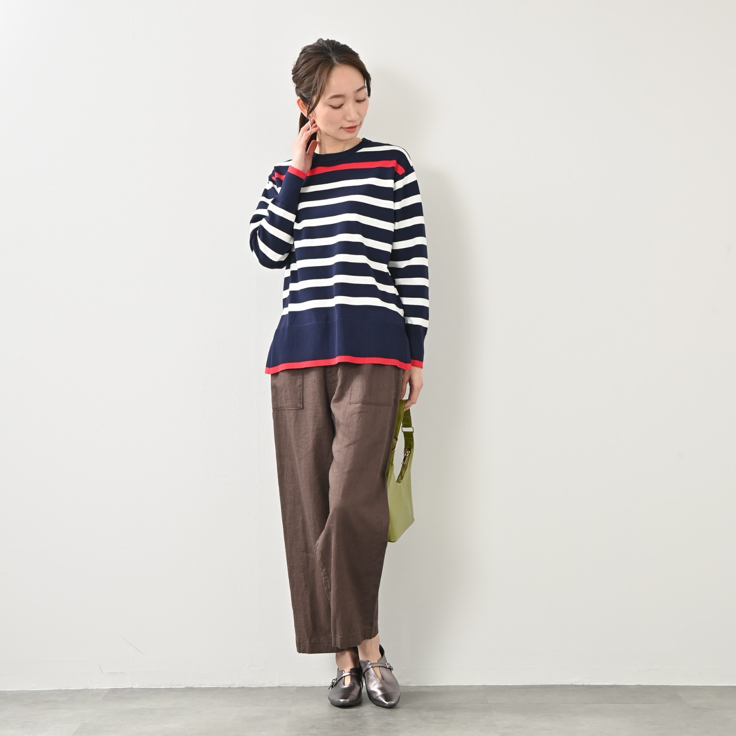 ゼラールスポーツ きれいめ編地仕立て 配色ラインアクセント ボーダーニットチュニック