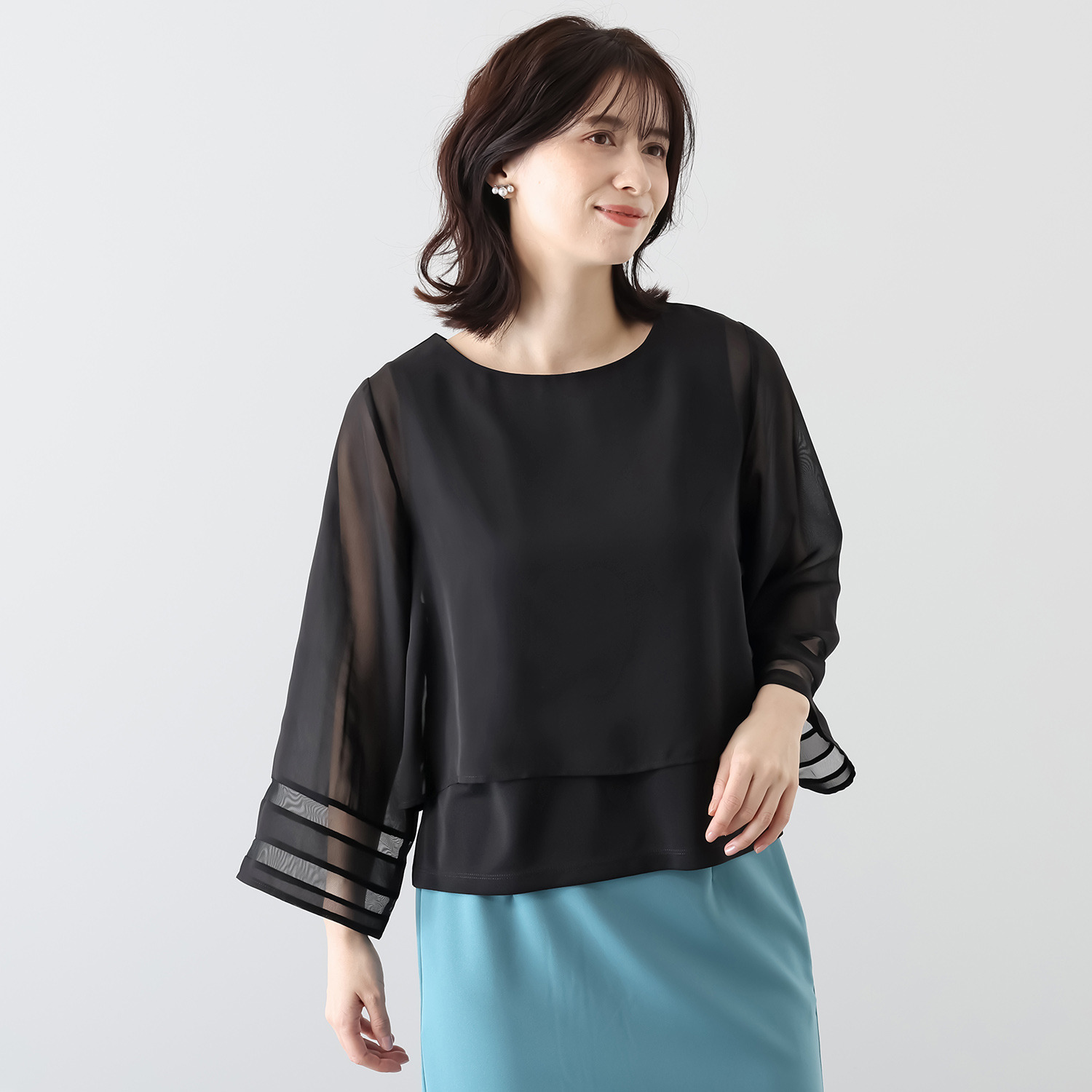 マイジュジュ 一枚で決まる！ インナー強撚ポンチ シフォンレイヤード風 プルオーバーブラウス