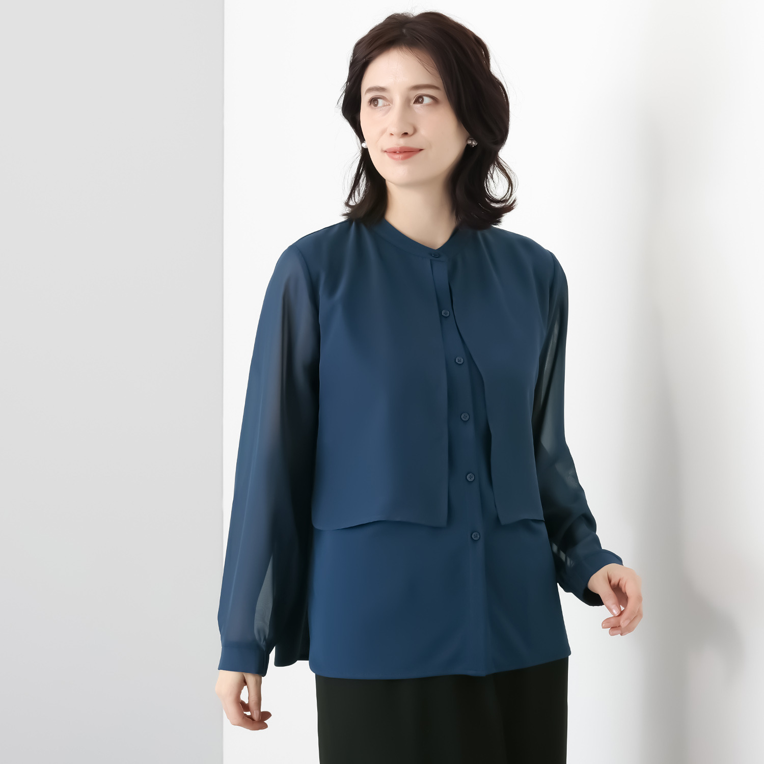 マイジュジュ 一枚で決まる！ インナー強撚ポンチ ジレレイヤード風 シャツブラウス