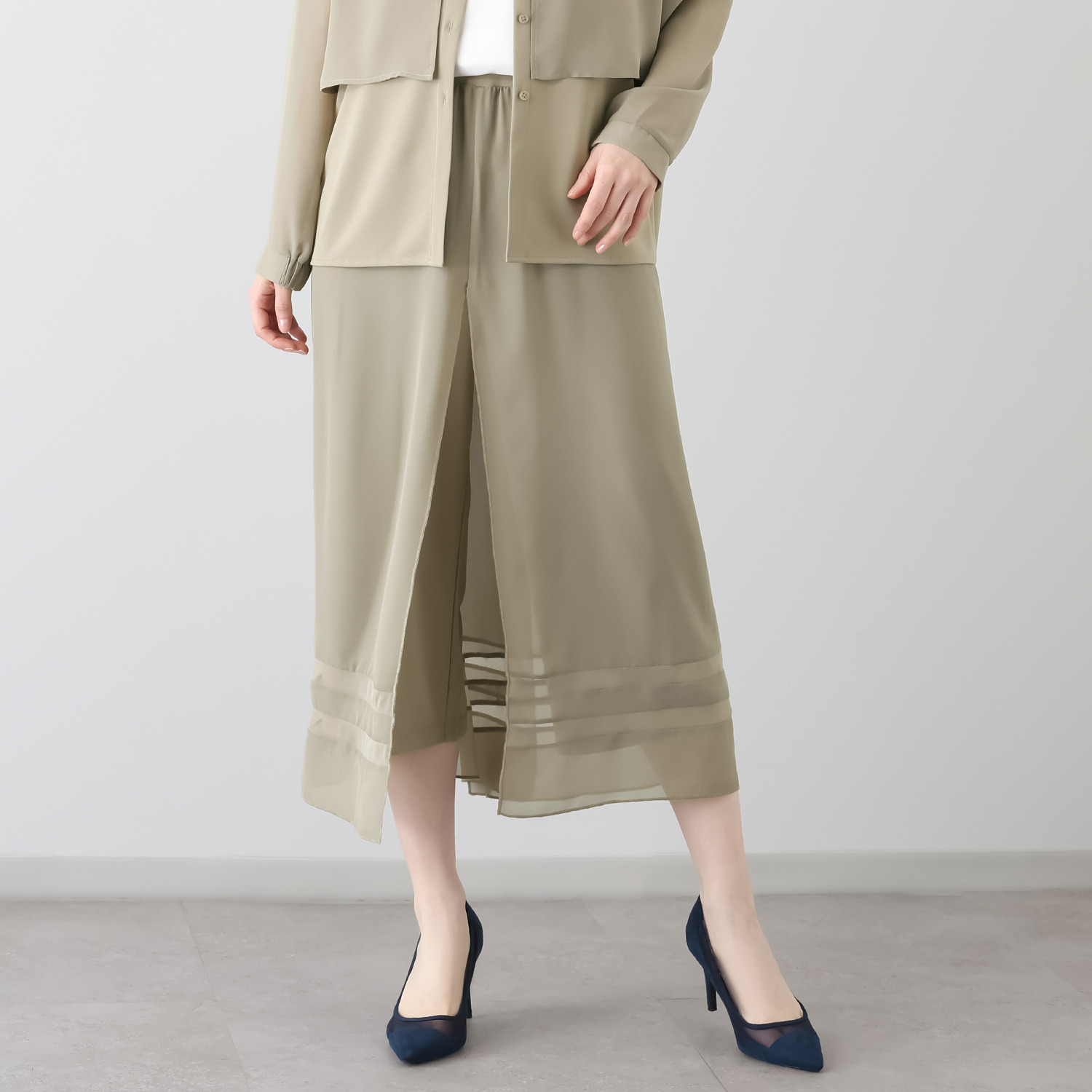 マイジュジュ 一枚で決まる！ インナー強撚ポンチ オーバーシフォン レイヤードパンツ