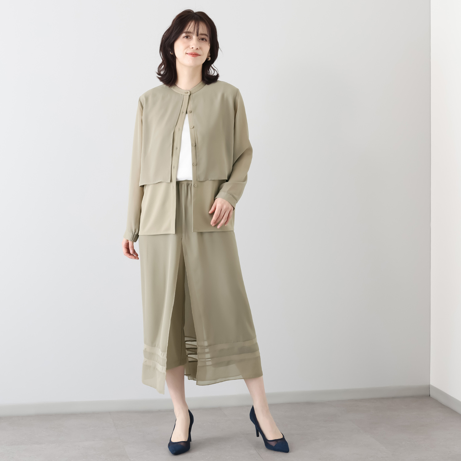 マイジュジュ 一枚で決まる！ インナー強撚ポンチ オーバーシフォン レイヤードパンツ