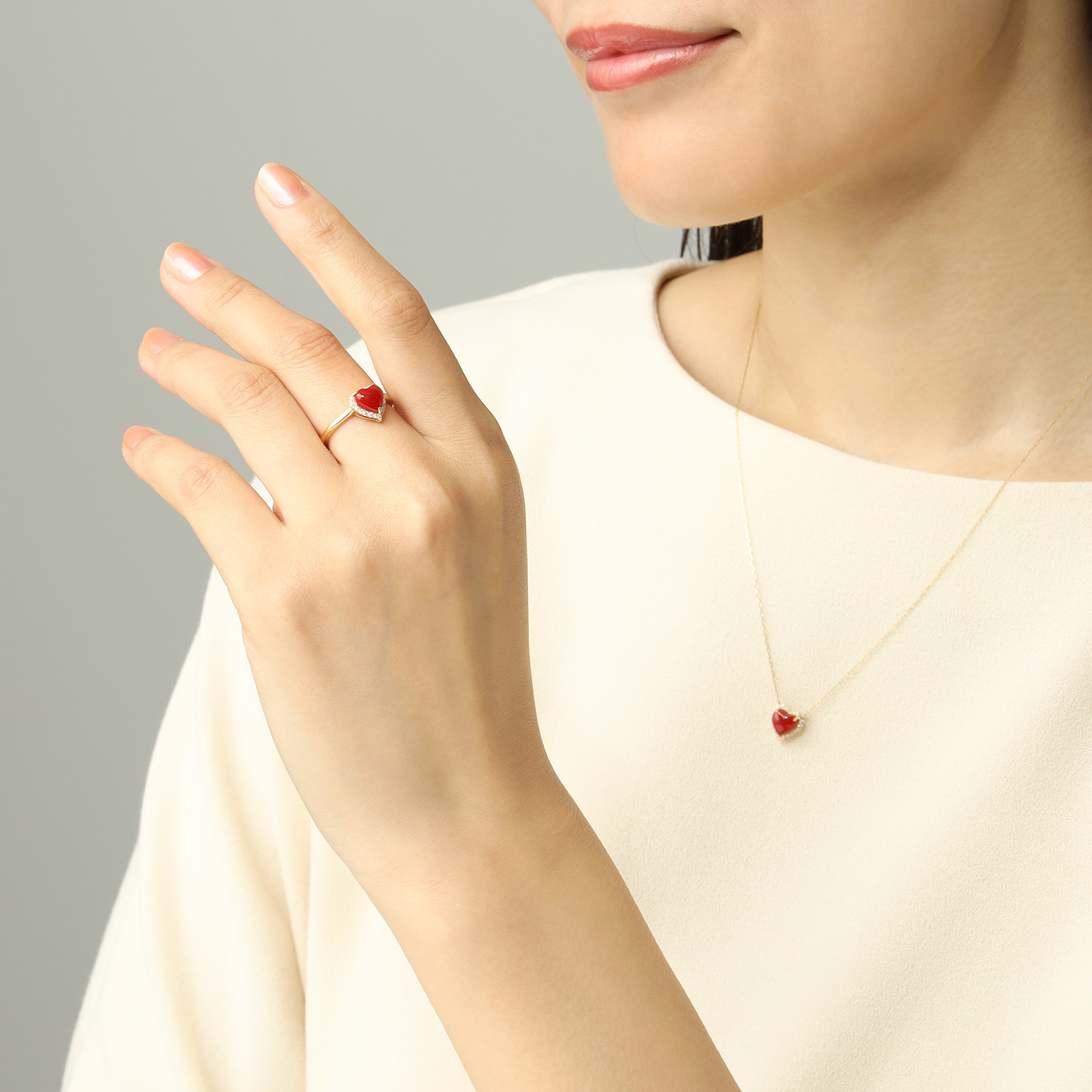 香瑚 １８Ｋ 高知県産血赤珊瑚＆ ダイヤモンド ハートモティーフ リング