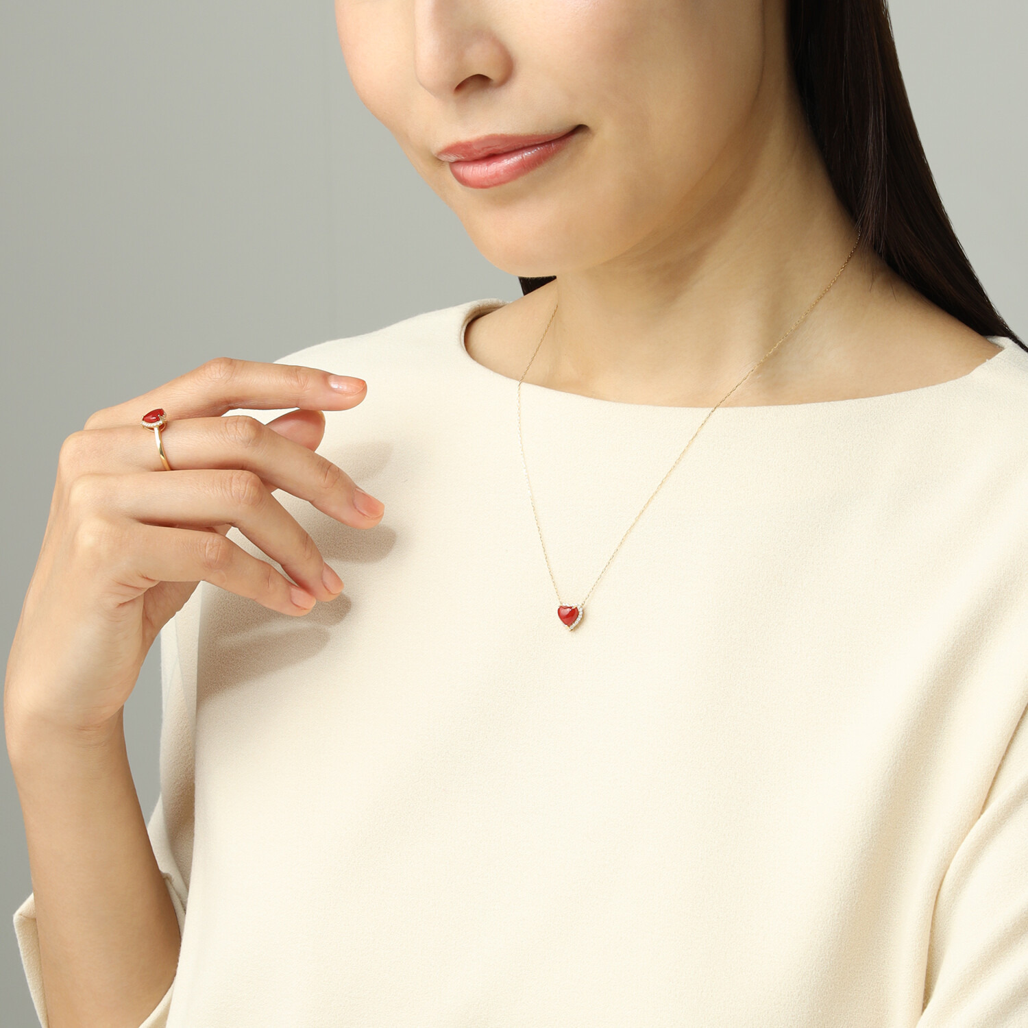 香瑚 １８Ｋ 高知県産血赤珊瑚＆ ダイヤモンド ハートモティーフ ネックレス