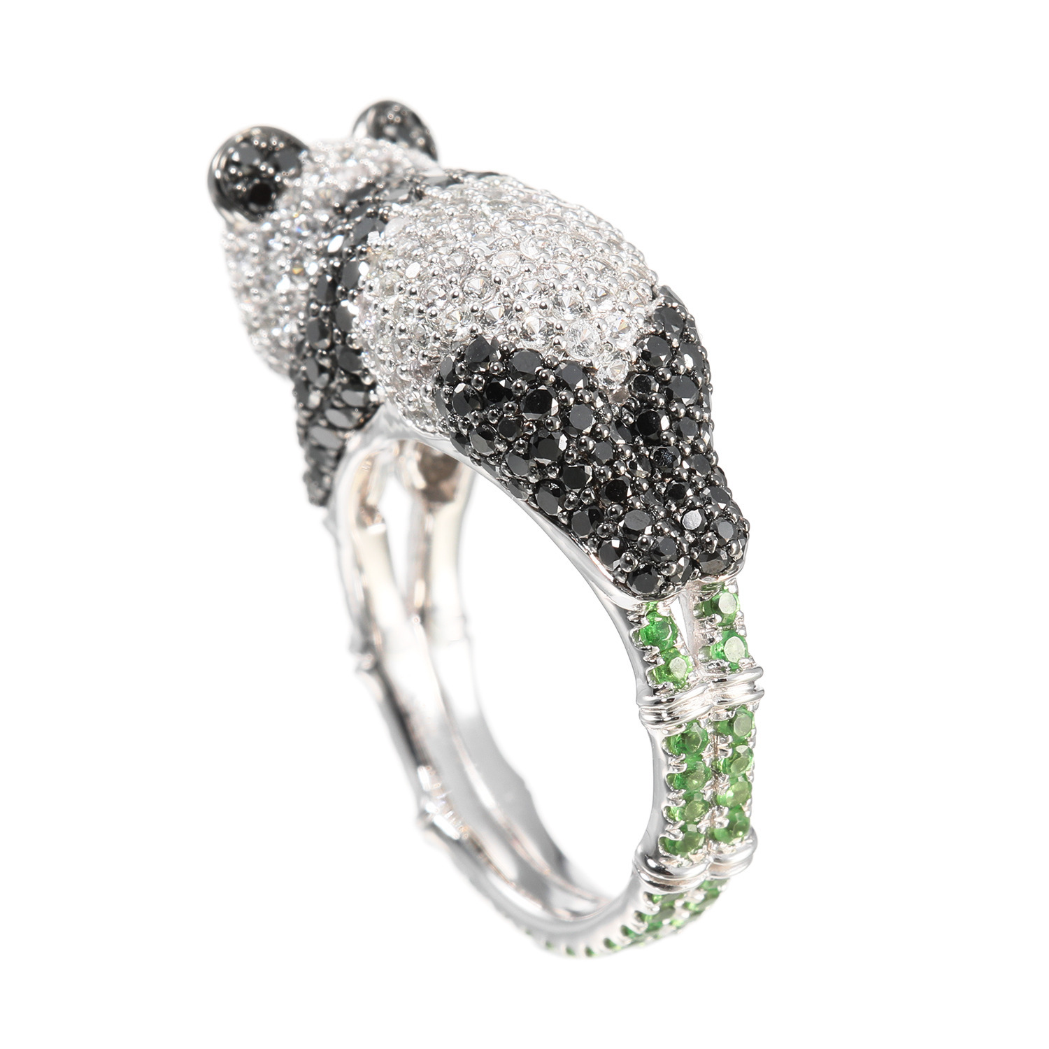 ビジューフルレゾン コローレ プラチナ９００ ブラックダイヤモンド＆ ホワイトサファイア＆ グリーンガーネット プレイングパンダリング