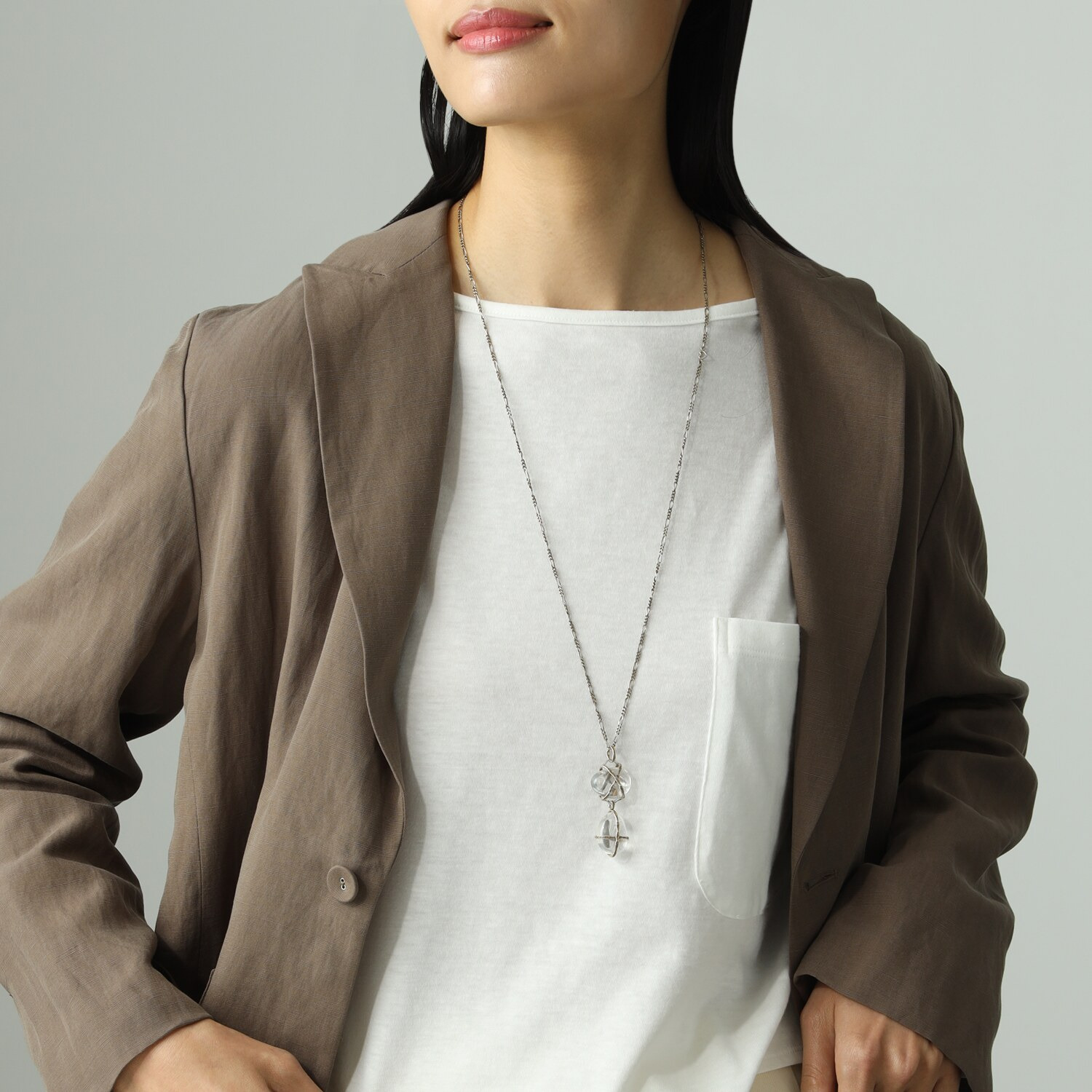 シャビージェンティール シルバー ロッククリスタルクォーツ ロングペンダント