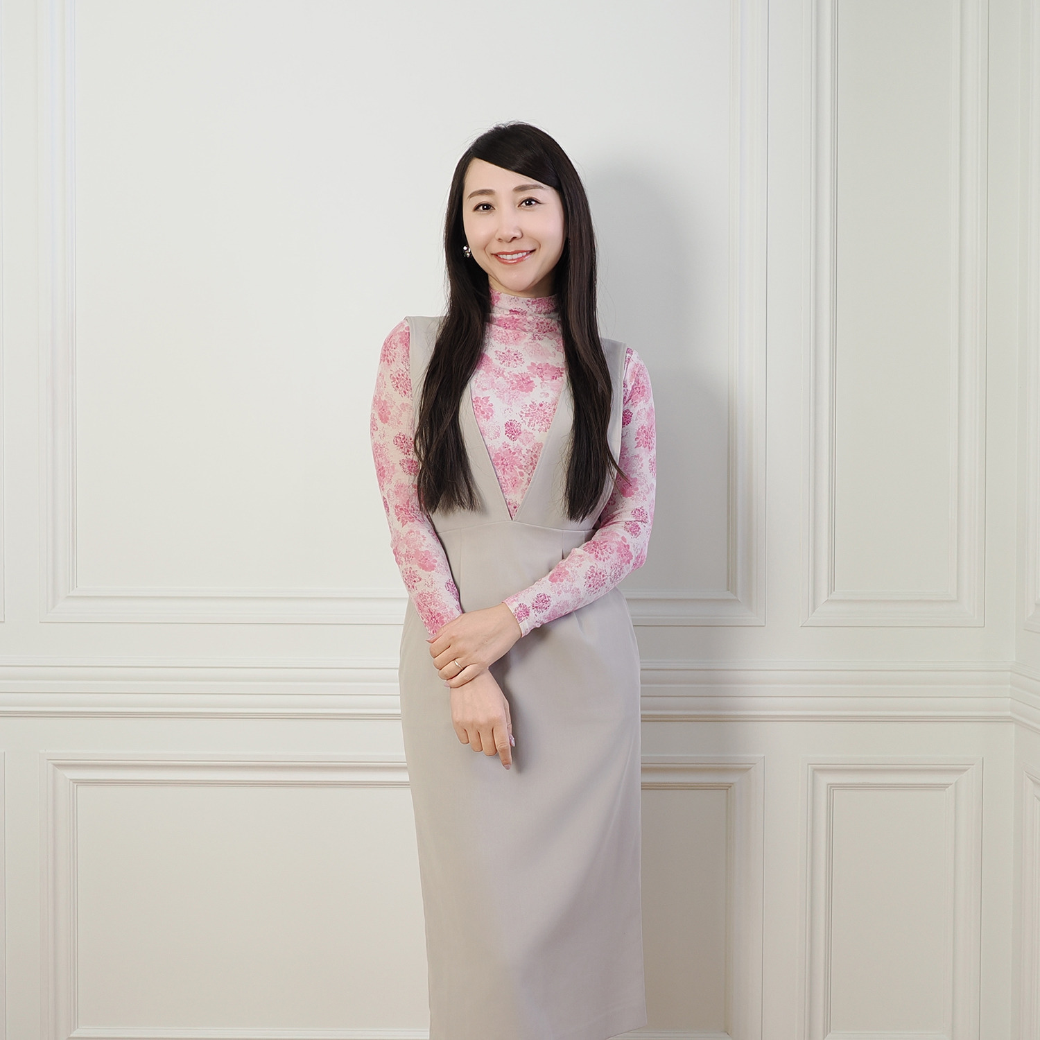 天使の綿シフォン モックネック プリント 一重長袖プルオーバー