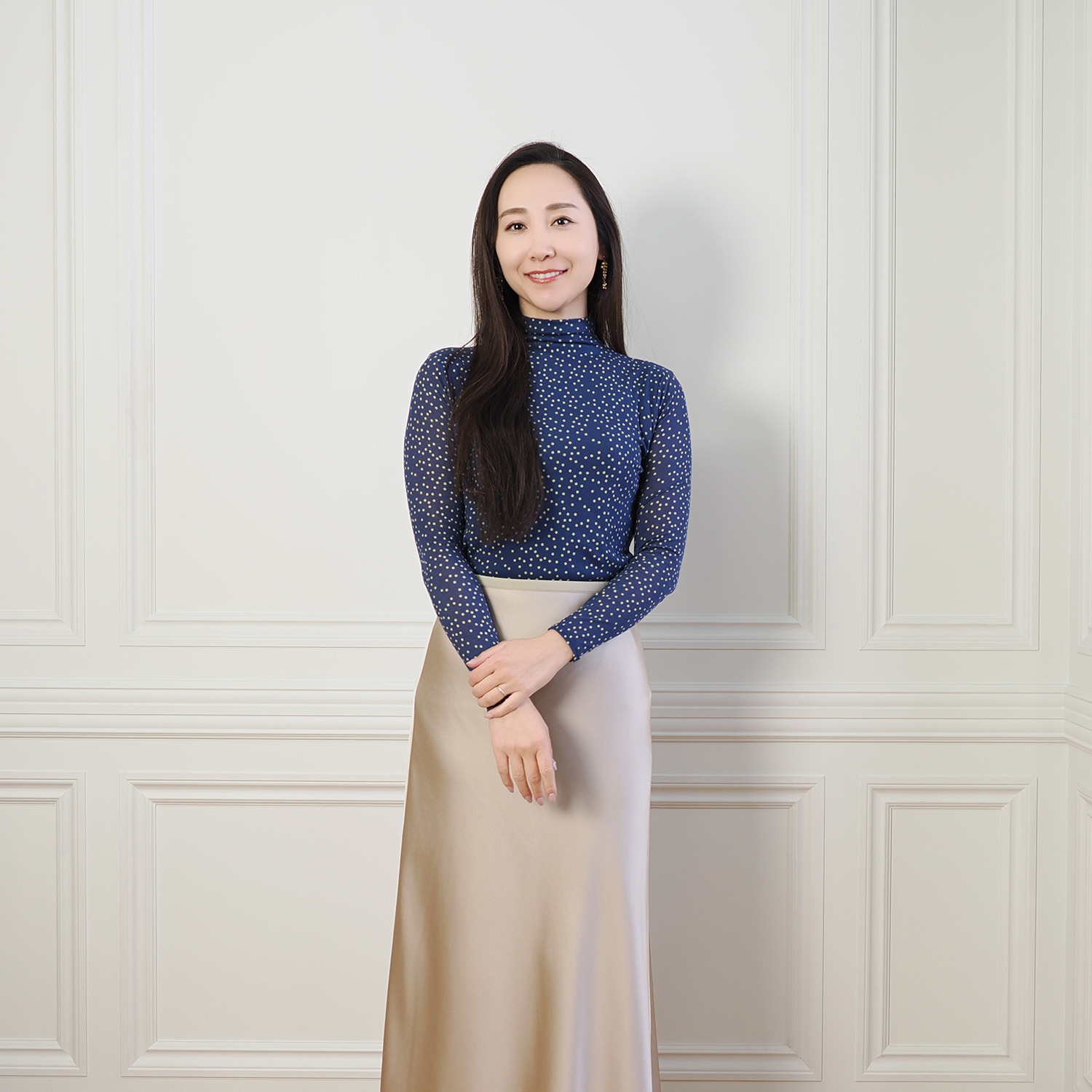 天使の綿シフォン モックネック プリント 一重長袖プルオーバー