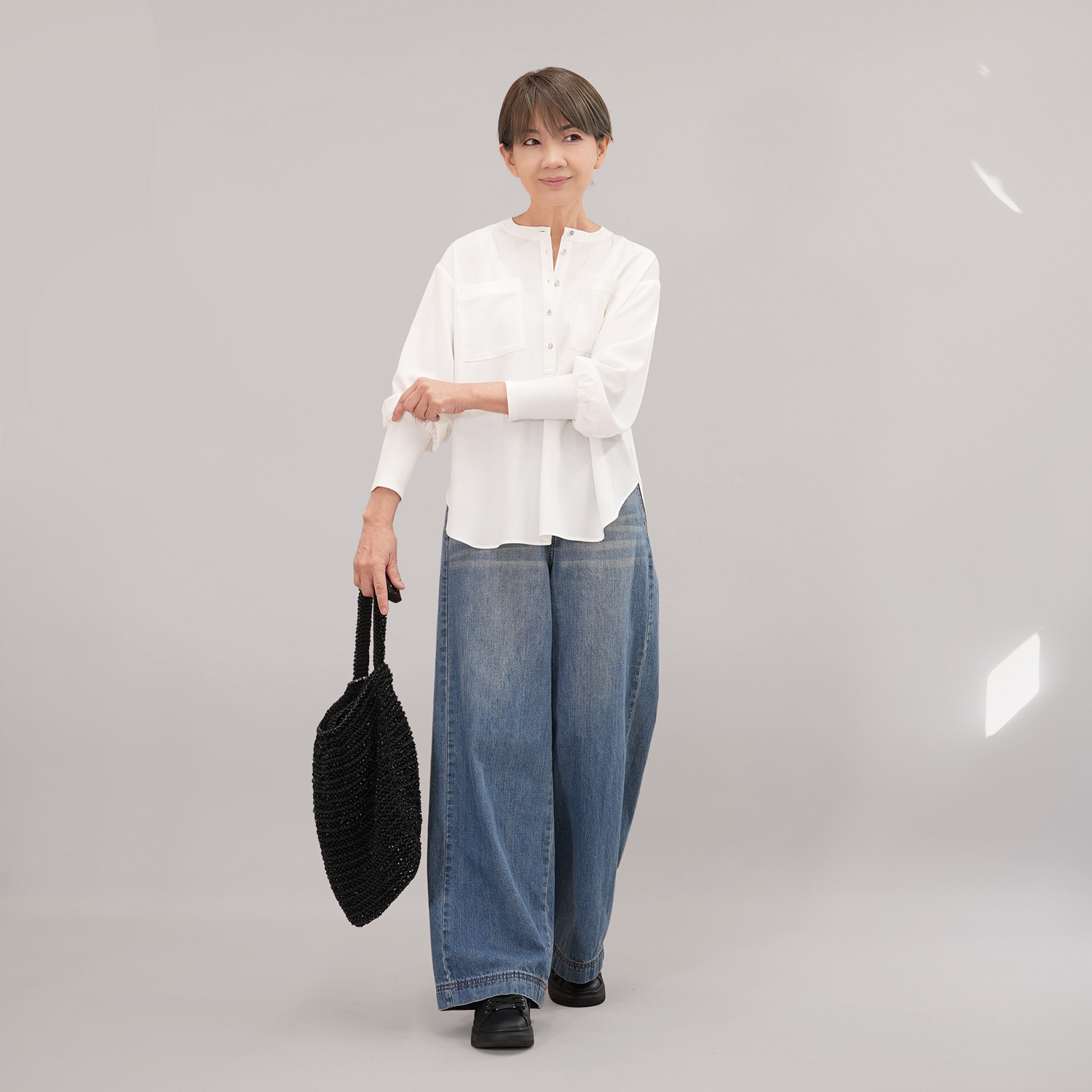 エムズ　スタイル ストレッチデシン 異素材切替 ヘンリーネック プルオーバー