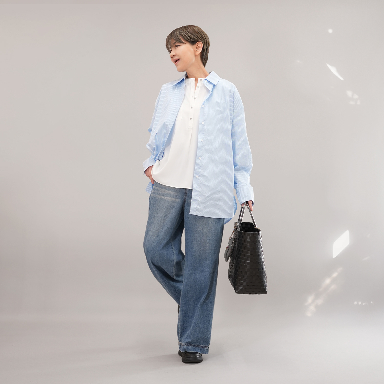 エムズ　スタイル ストレッチデシン 異素材切替 ヘンリーネック プルオーバー