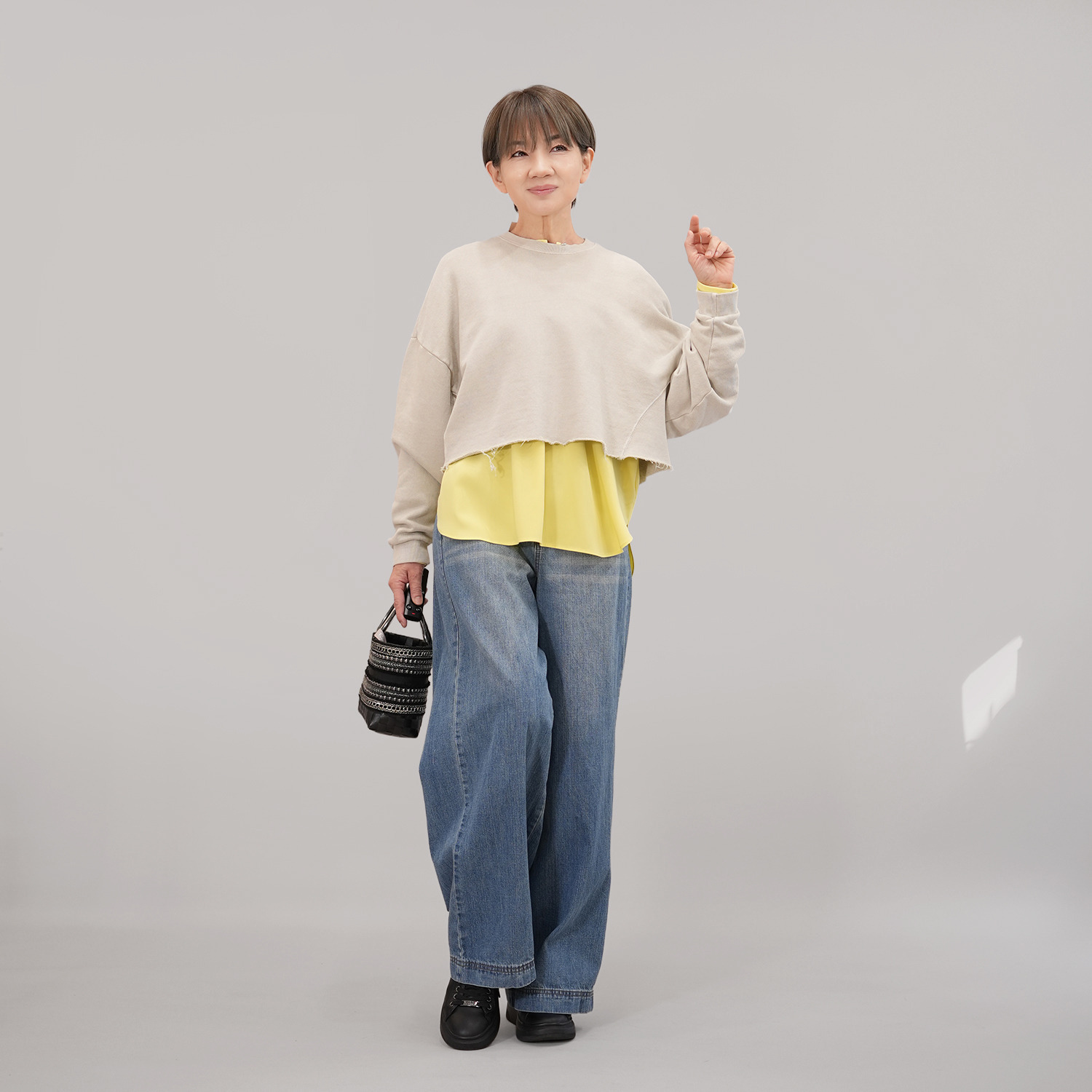 エムズ　スタイル ストレッチデシン 異素材切替 ヘンリーネック プルオーバー