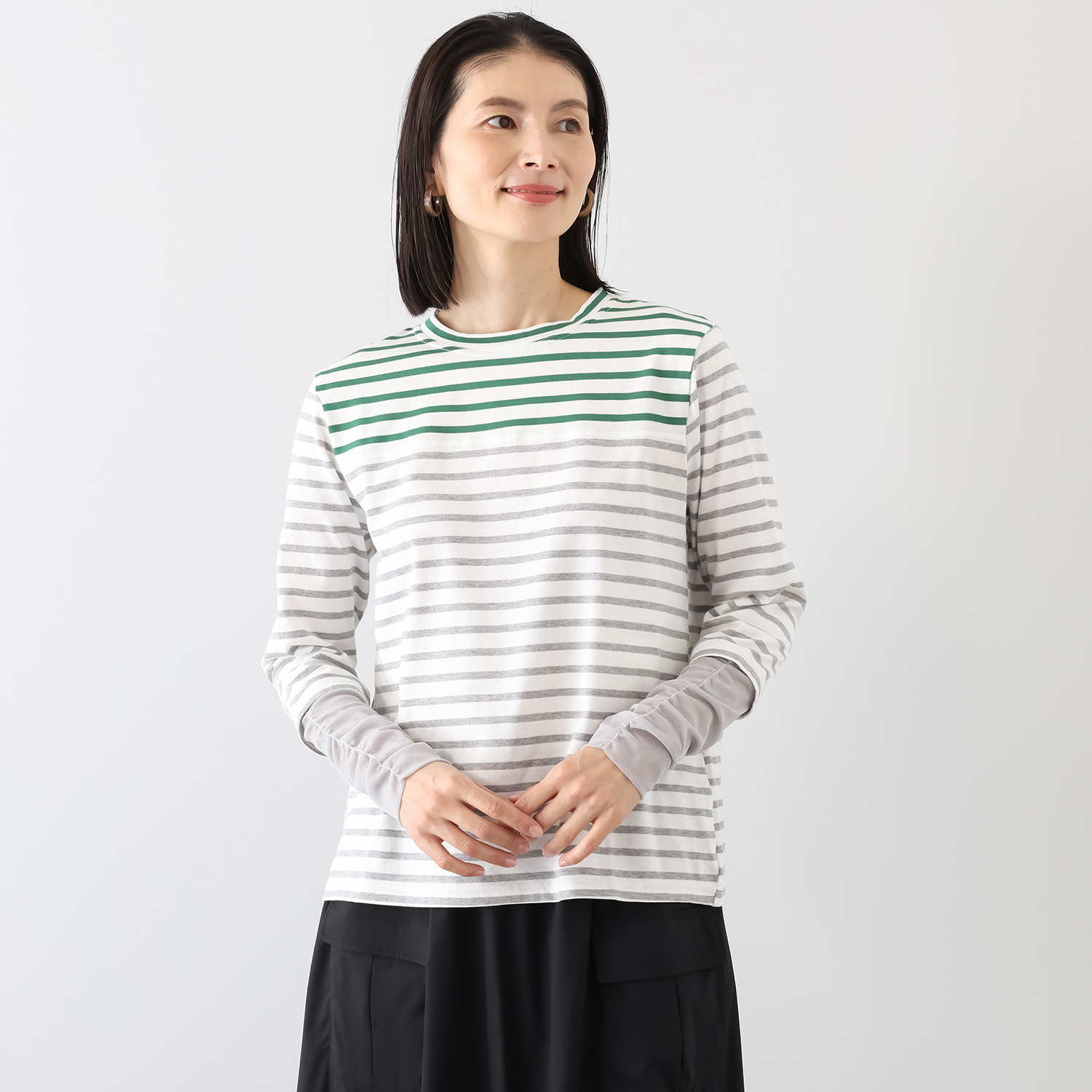 エムズ　スタイル 配色ボーダー シャーリングチュール切替 デザインプルオーバー