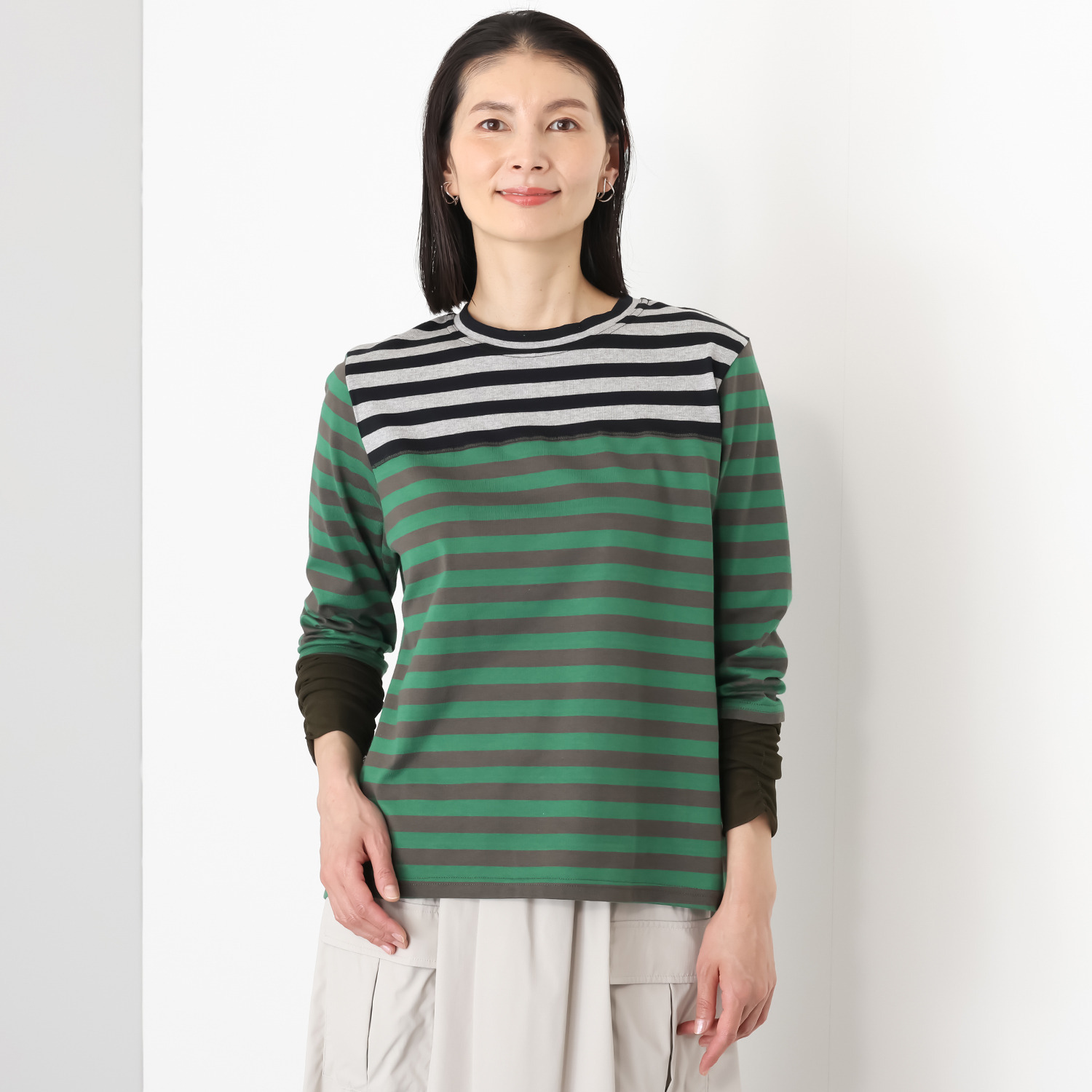 エムズ　スタイル 配色ボーダー シャーリングチュール切替 デザインプルオーバー