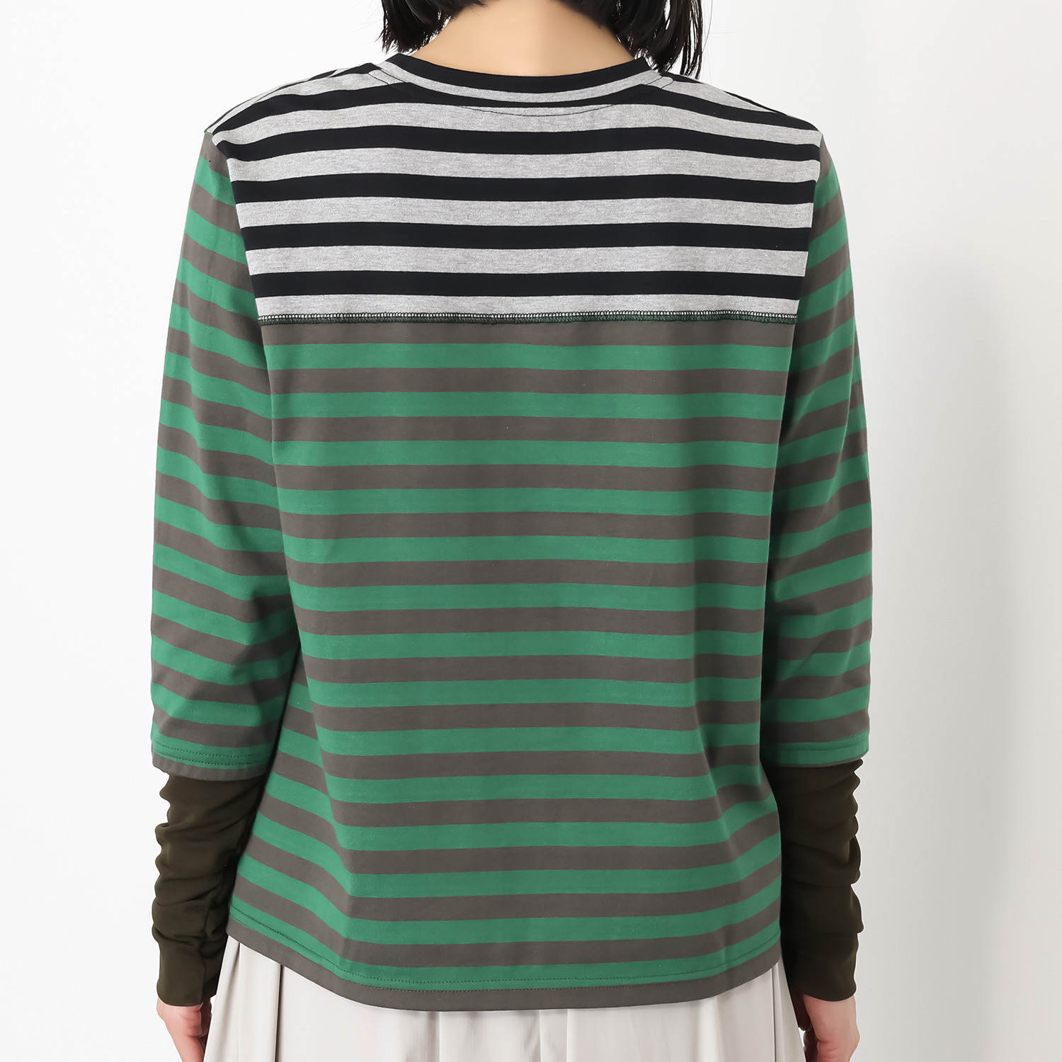 エムズ　スタイル 配色ボーダー シャーリングチュール切替 デザインプルオーバー