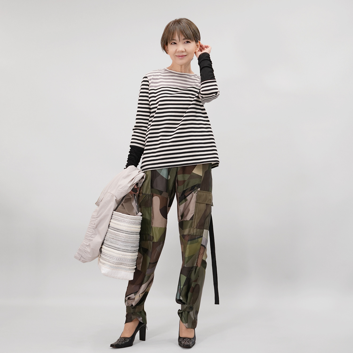 エムズ　スタイル 配色ボーダー シャーリングチュール切替 デザインプルオーバー