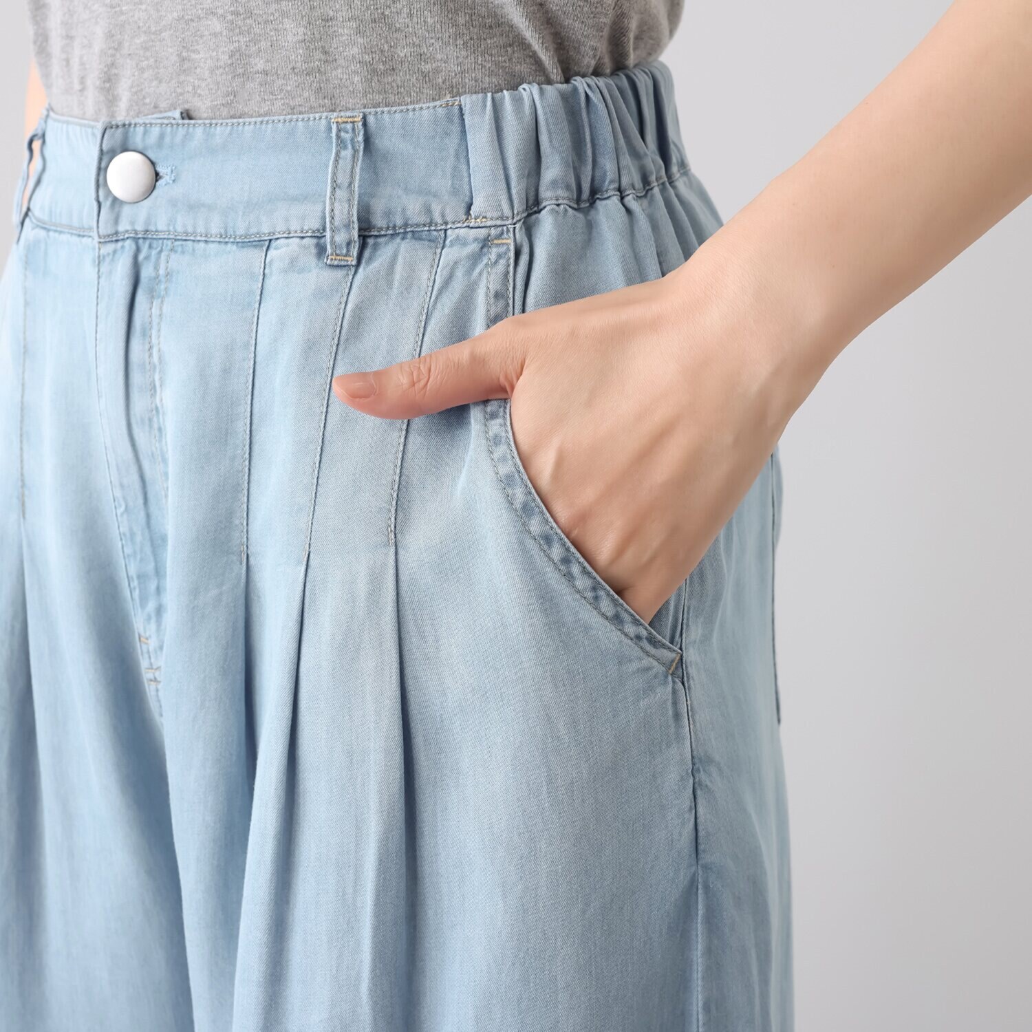 スタイル・ラヴィー 接触冷感 タック＆落ち感アクセント セルロースデニム フレアーパンツ