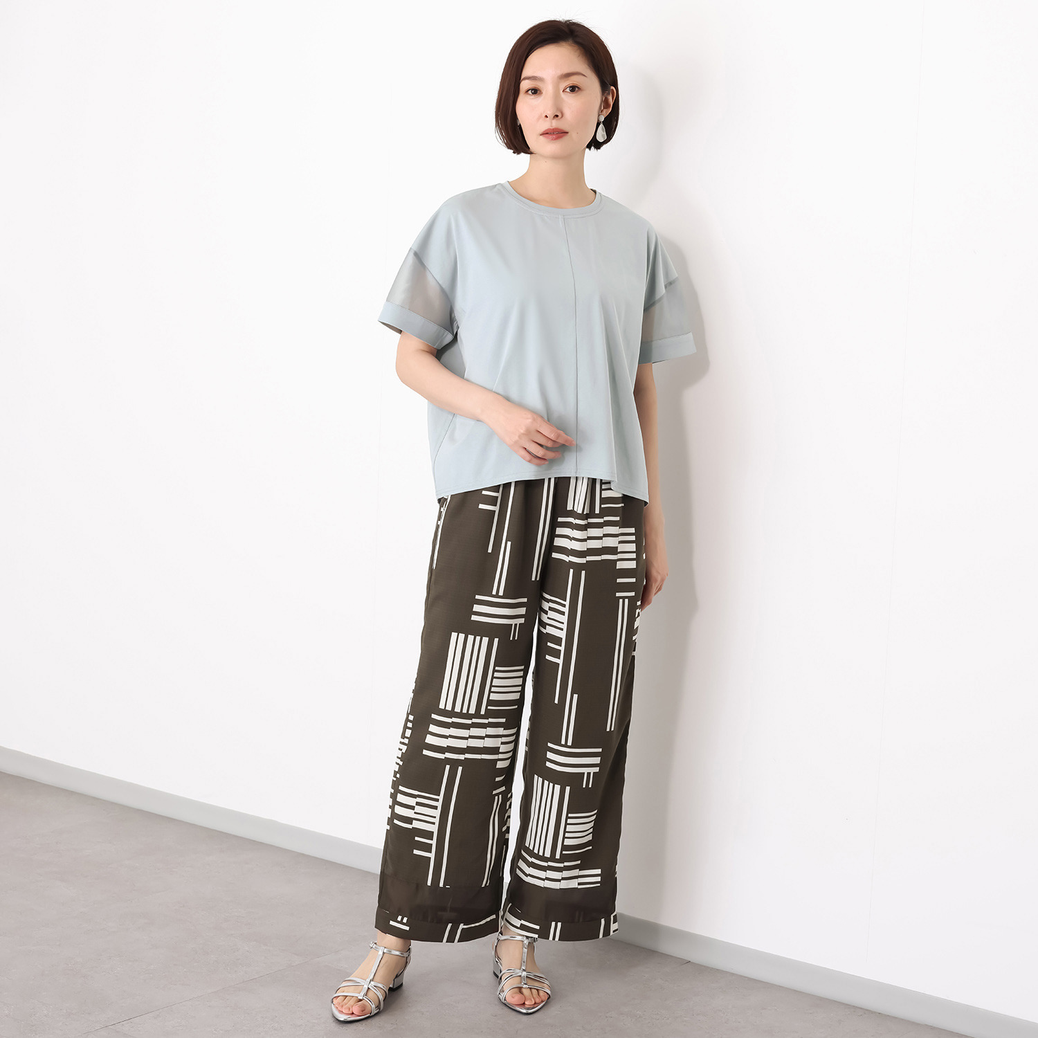 スタイル・ラヴィー シアー切替アクセント 幾何学プリント イージーパンツ