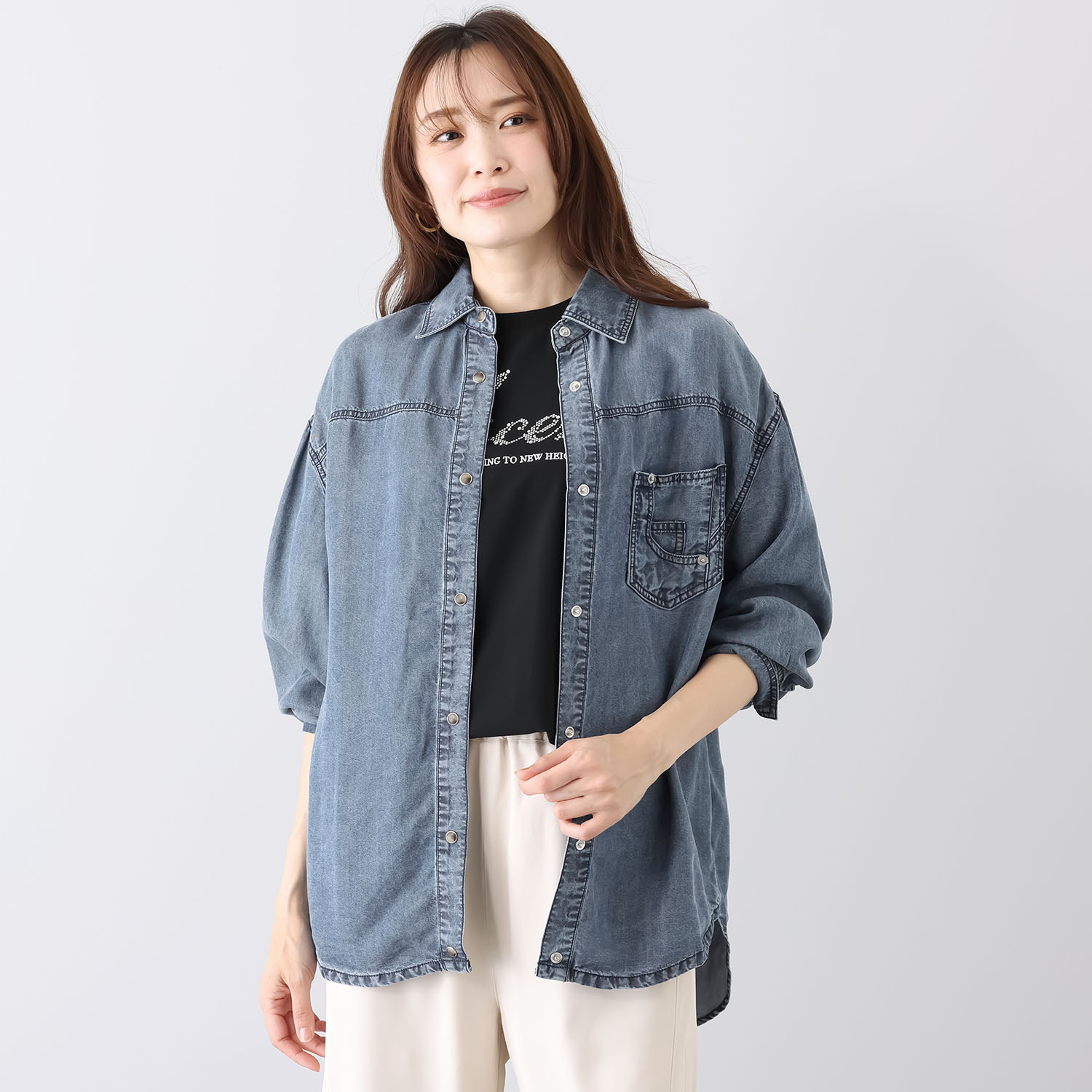 ヘブンアンドアース 接触冷感 アンティーク加工 デニムシャツ