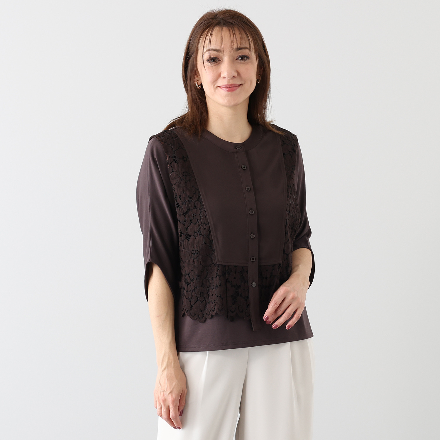 シルバーミントシュガー レース＆フィブリルツイル ブラウス風ベストと ドルマンスリーブ デザインプルオーバー アンサンブル